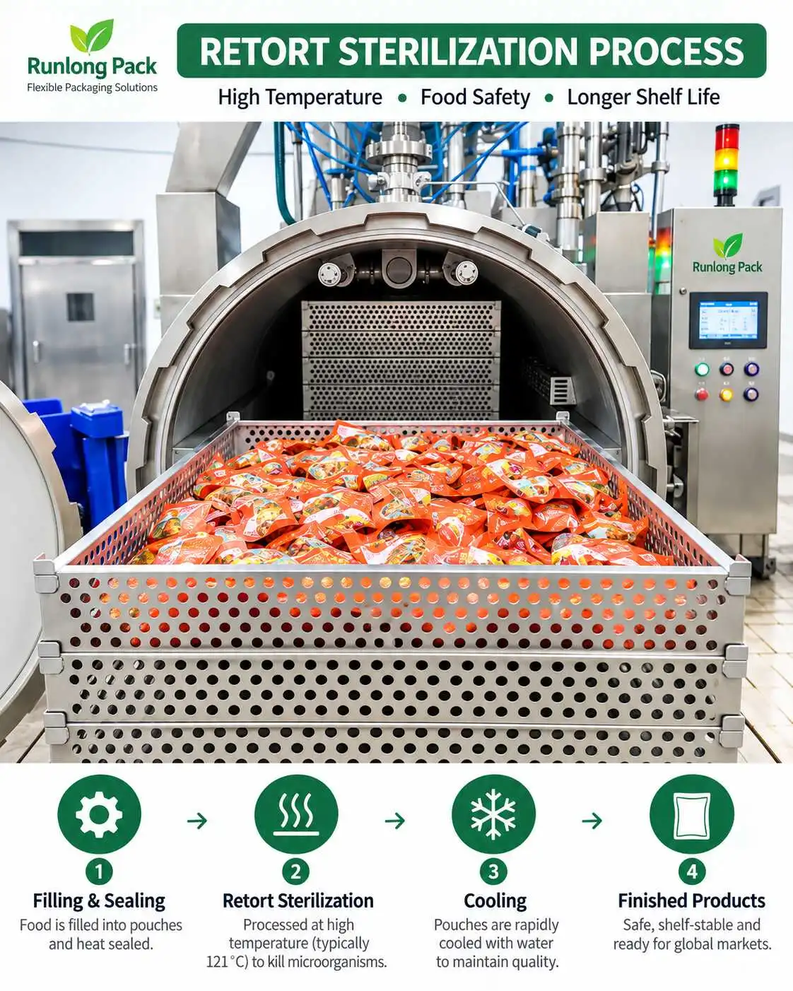 Retort pouch sterilization process with high-temperature retort equipment cooling and finished pouch inspection