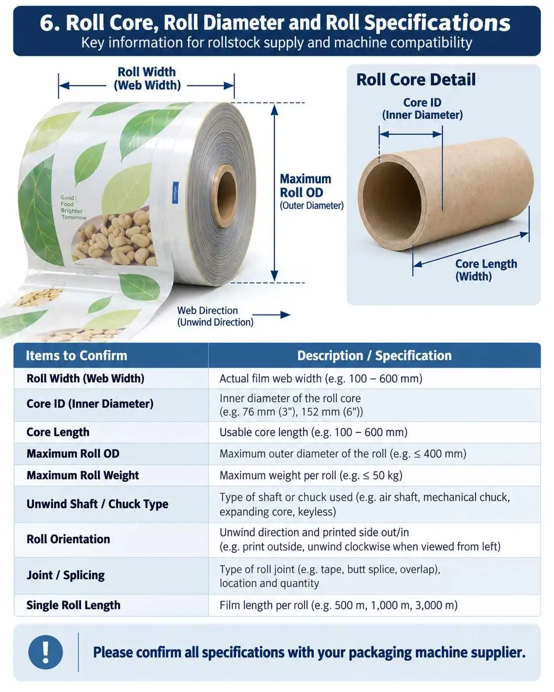 Rollstock specifications showing web width, core inner diameter, core length, roll diameter and winding direction