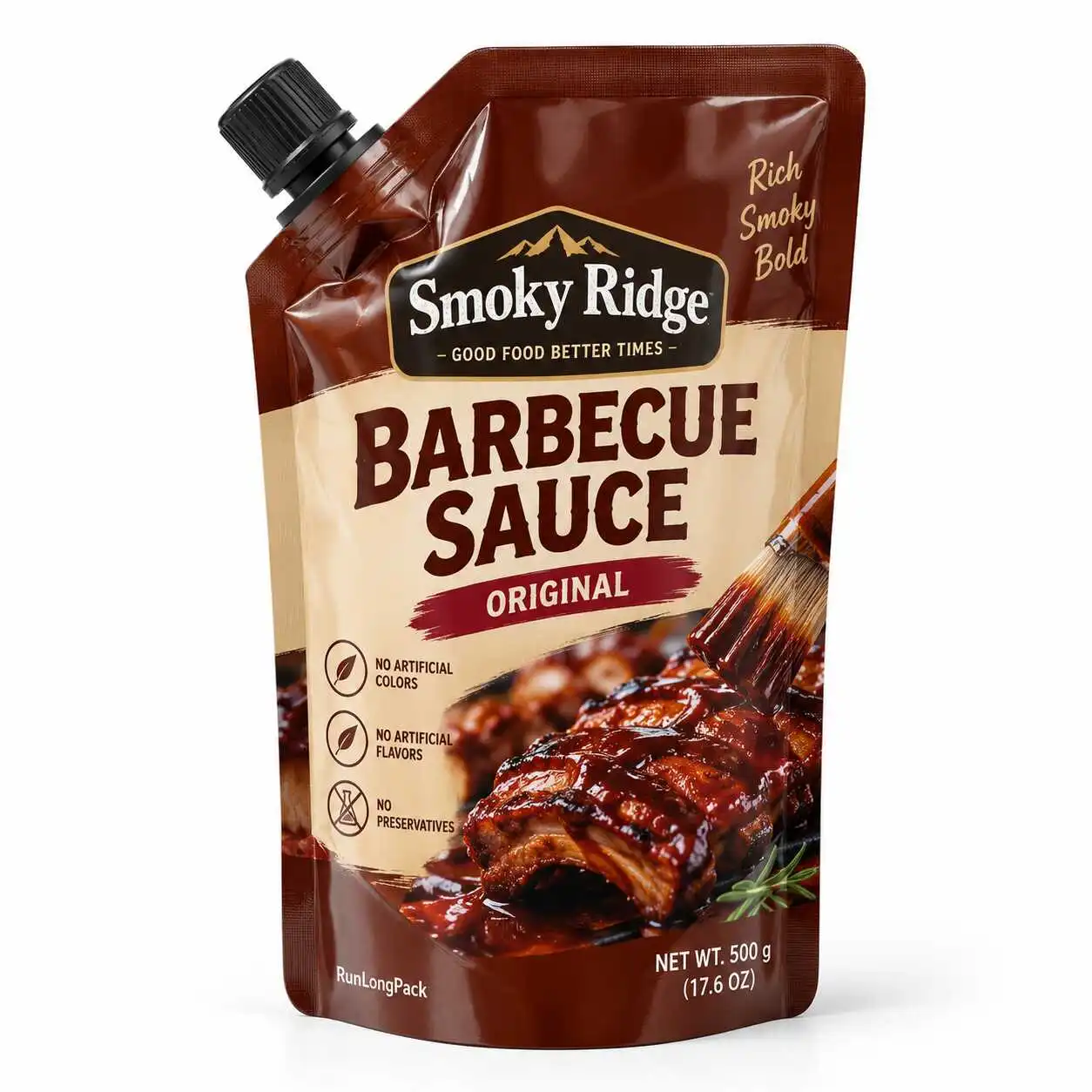 Brown and cream barbecue sauce pouch concept with an angled black spout