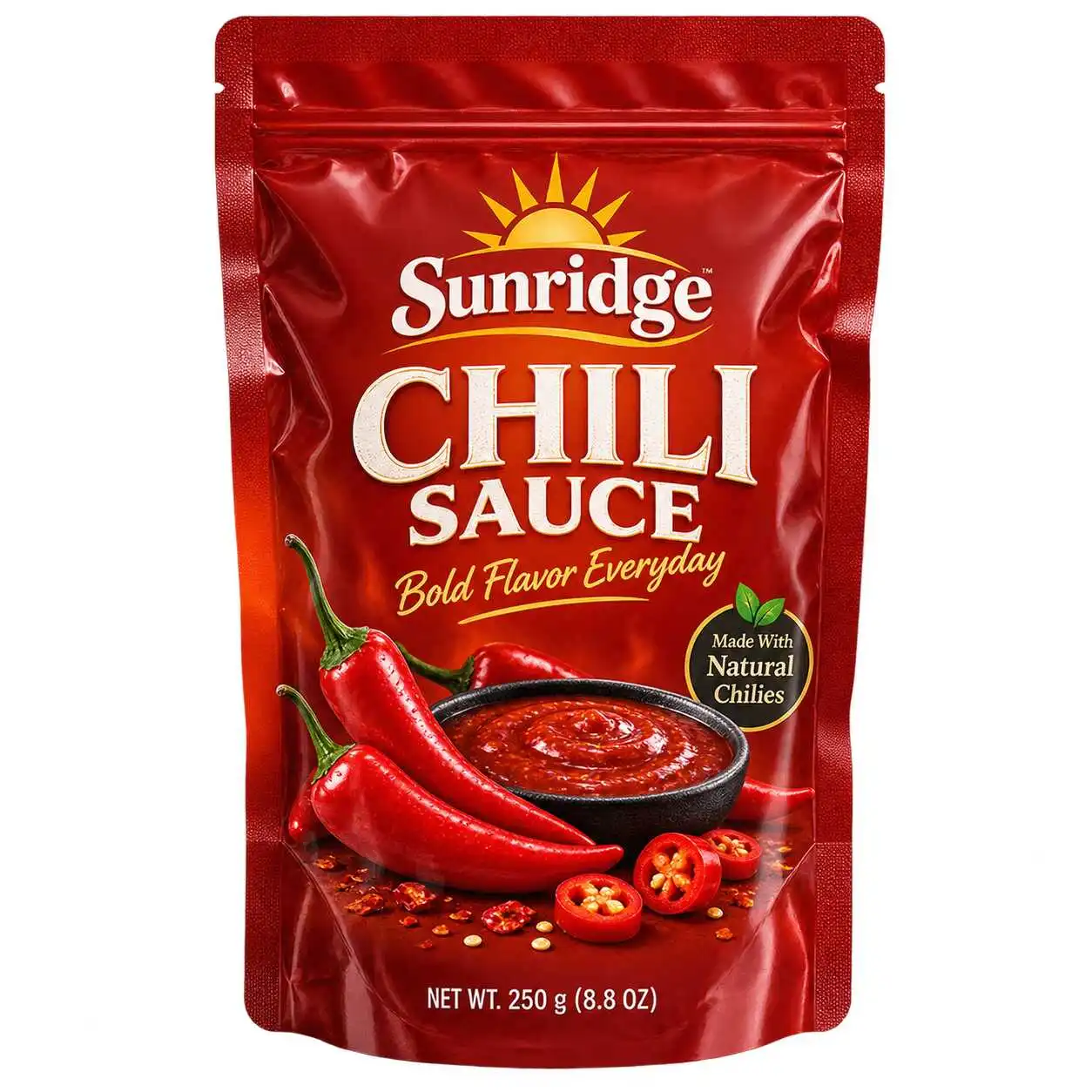 Red stand-up pouch concept with chili sauce artwork and a top zipper