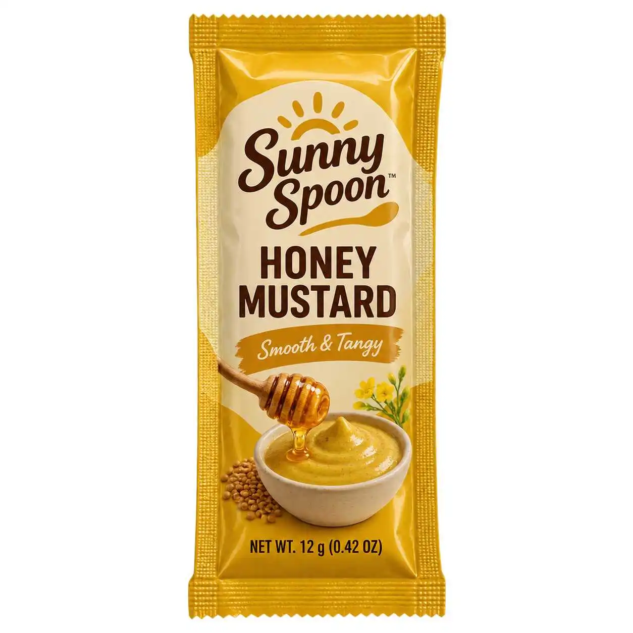 Yellow honey mustard condiment sachet concept with sealed edges