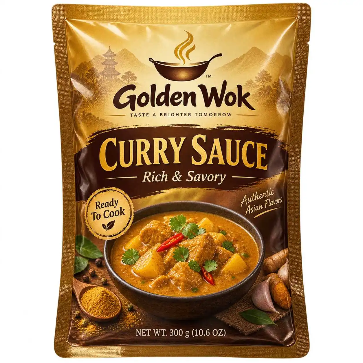 Gold and brown flat pouch concept with curry sauce artwork