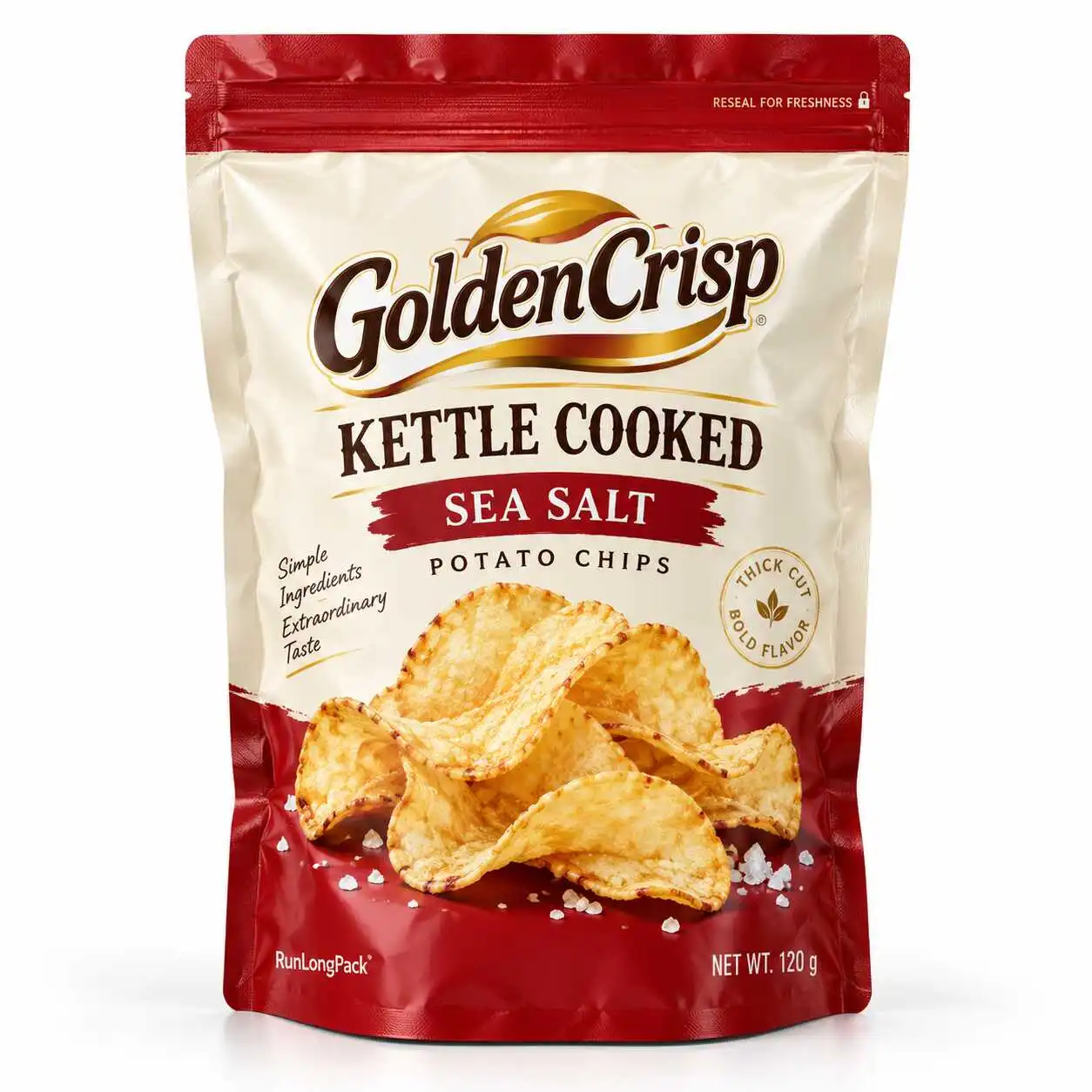 Cream and red kettle-cooked potato chip stand-up pouch concept with a zipper