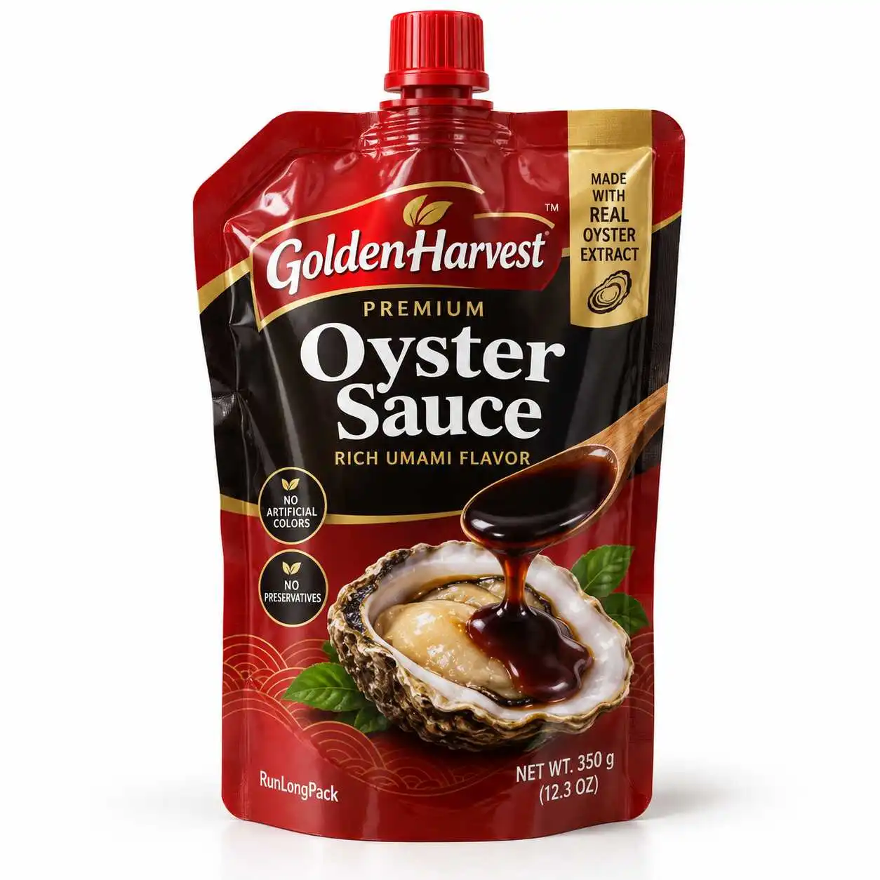 Black and red oyster sauce pouch concept with a center spout and red cap