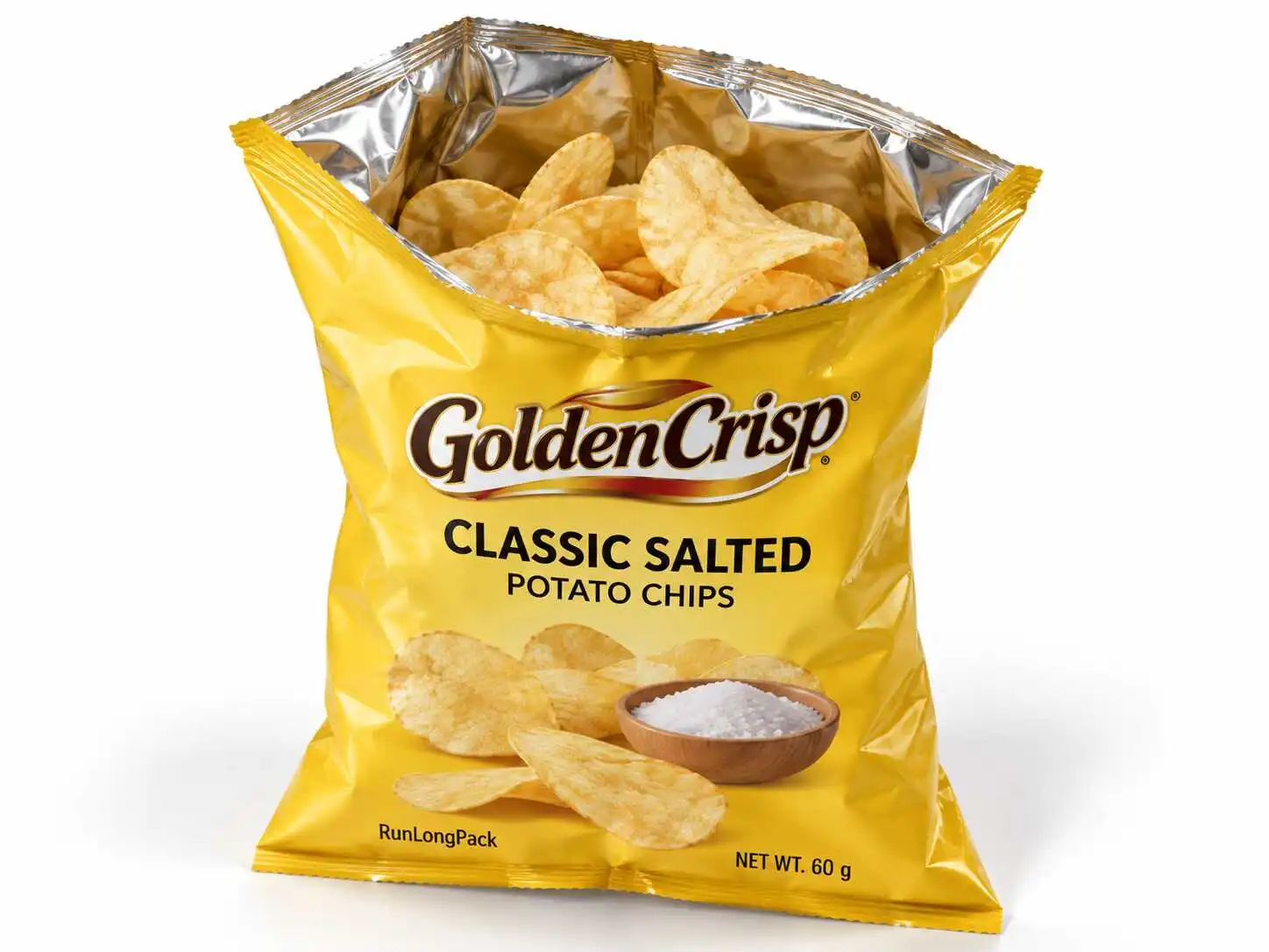 Open yellow potato chip bag concept showing chips and a silver-colored inner surface