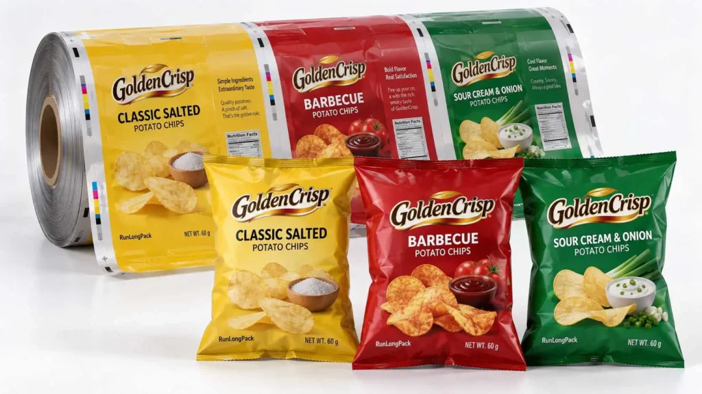 Custom potato chip packaging with yellow, red and green pillow bags displayed beside printed rollstock