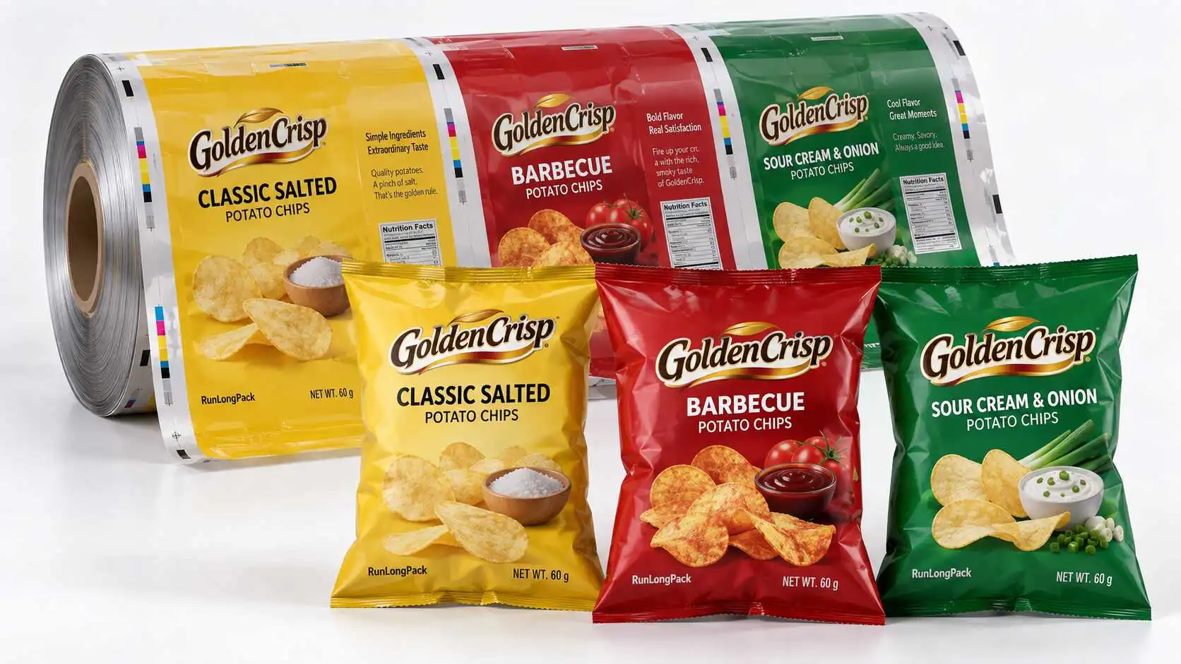 Custom potato chip packaging with yellow, red and green pillow bags displayed beside printed rollstock