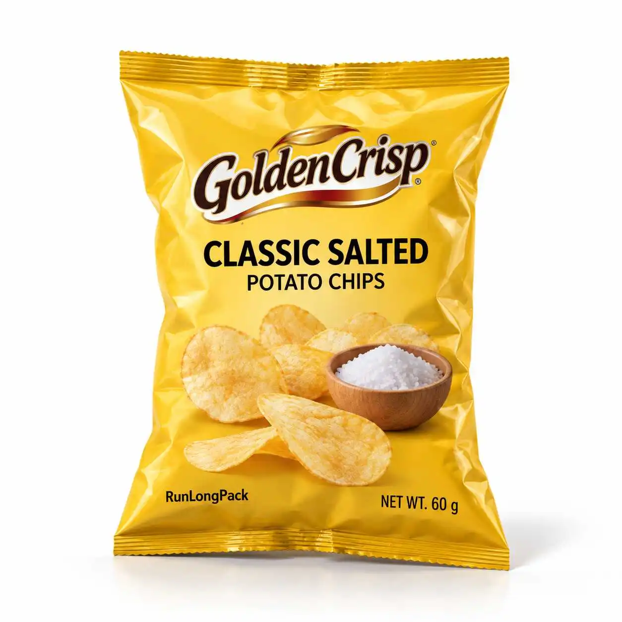 Yellow classic salted potato chip pillow bag concept with top and bottom seals