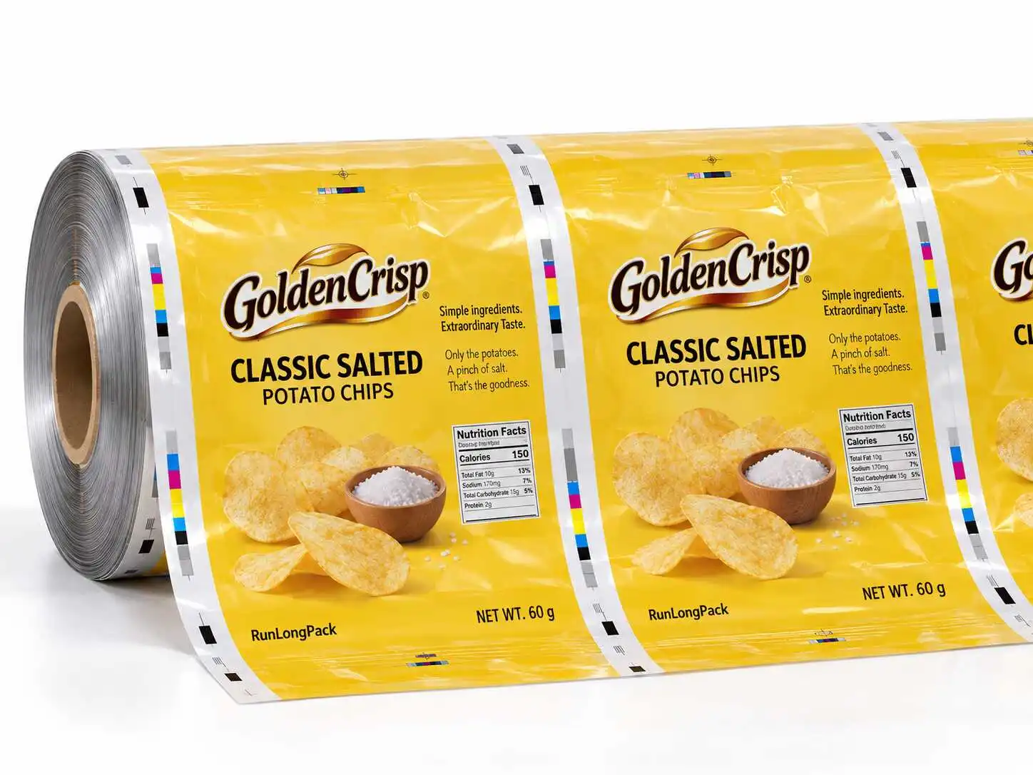 Printed film roll concept with repeating yellow potato chip artwork and registration marks