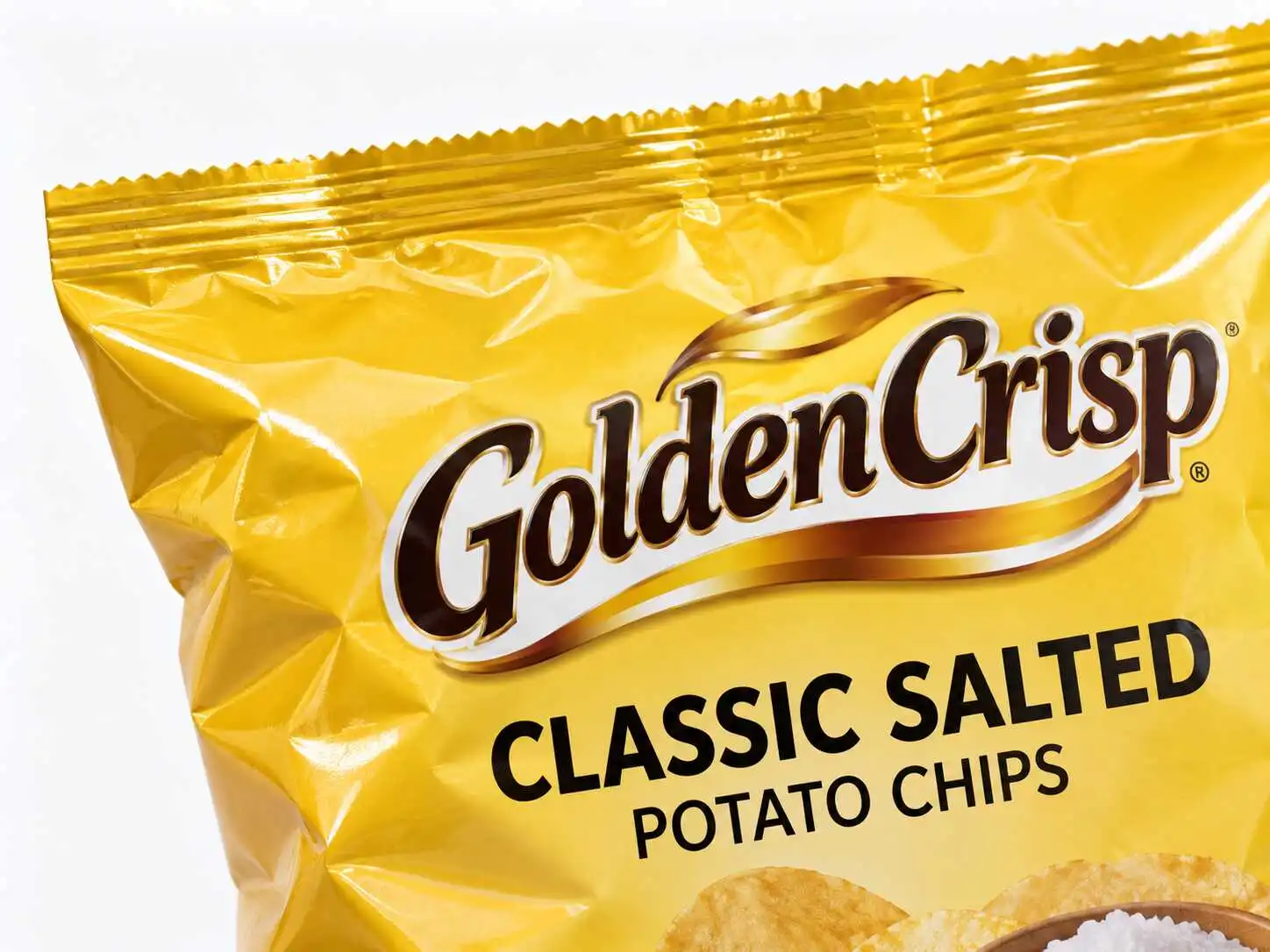Close-up concept of a yellow chip bag showing the top seal and printed front panel