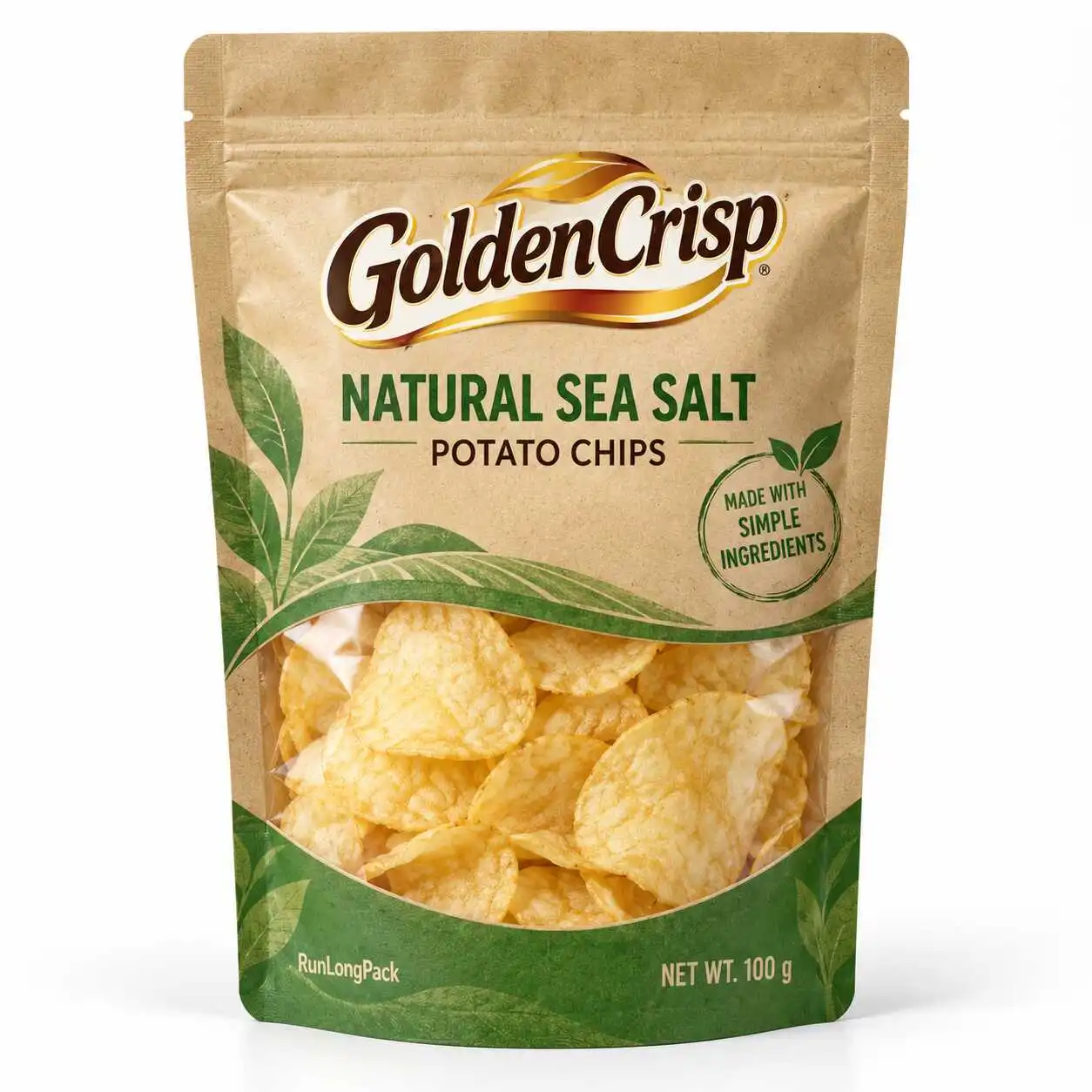 Kraft-look green potato chip pouch concept with a transparent window