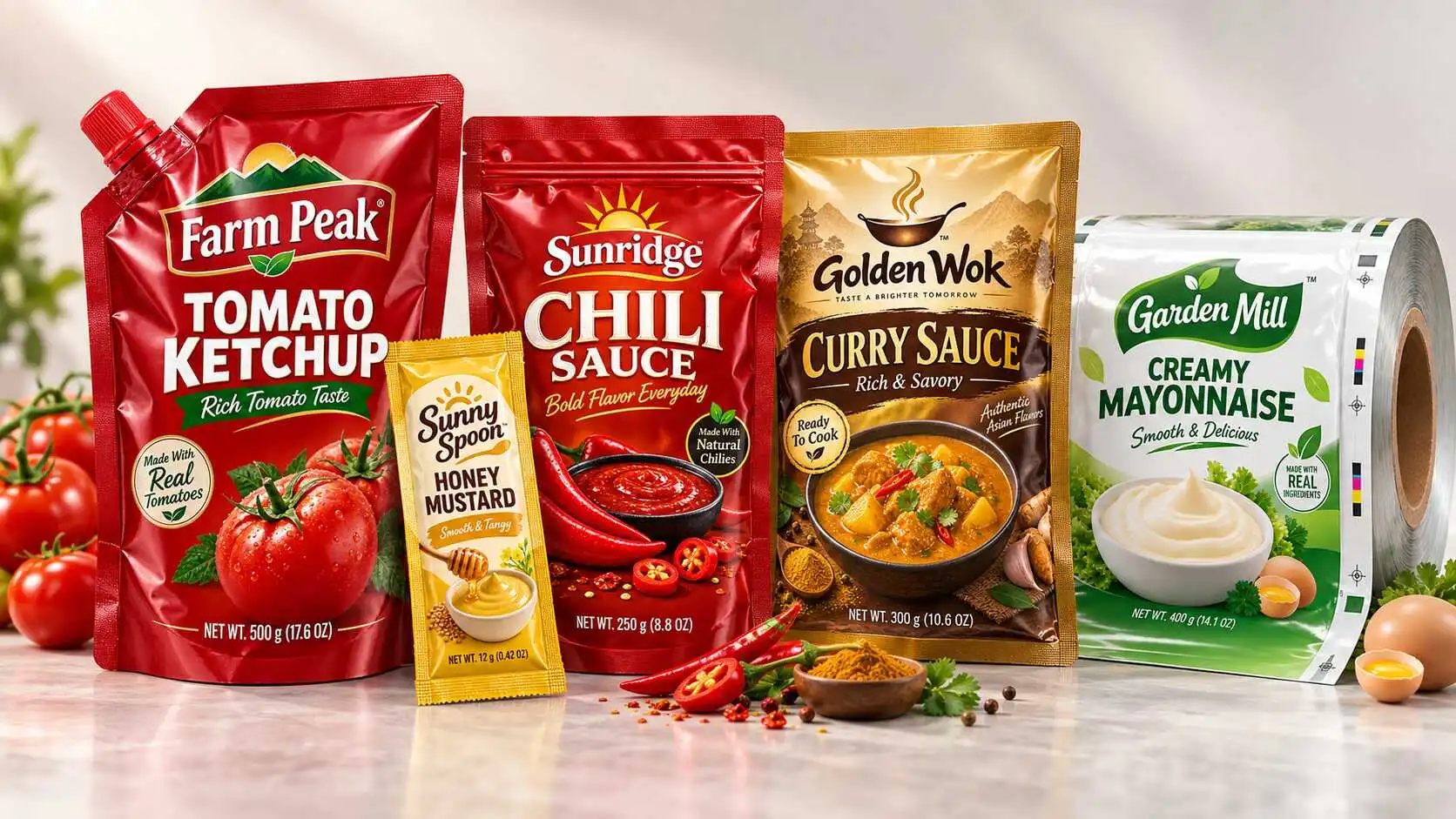 Custom sauce & condiment pouches in spout, sachet, stand-up and flat formats alongside printed rollstock