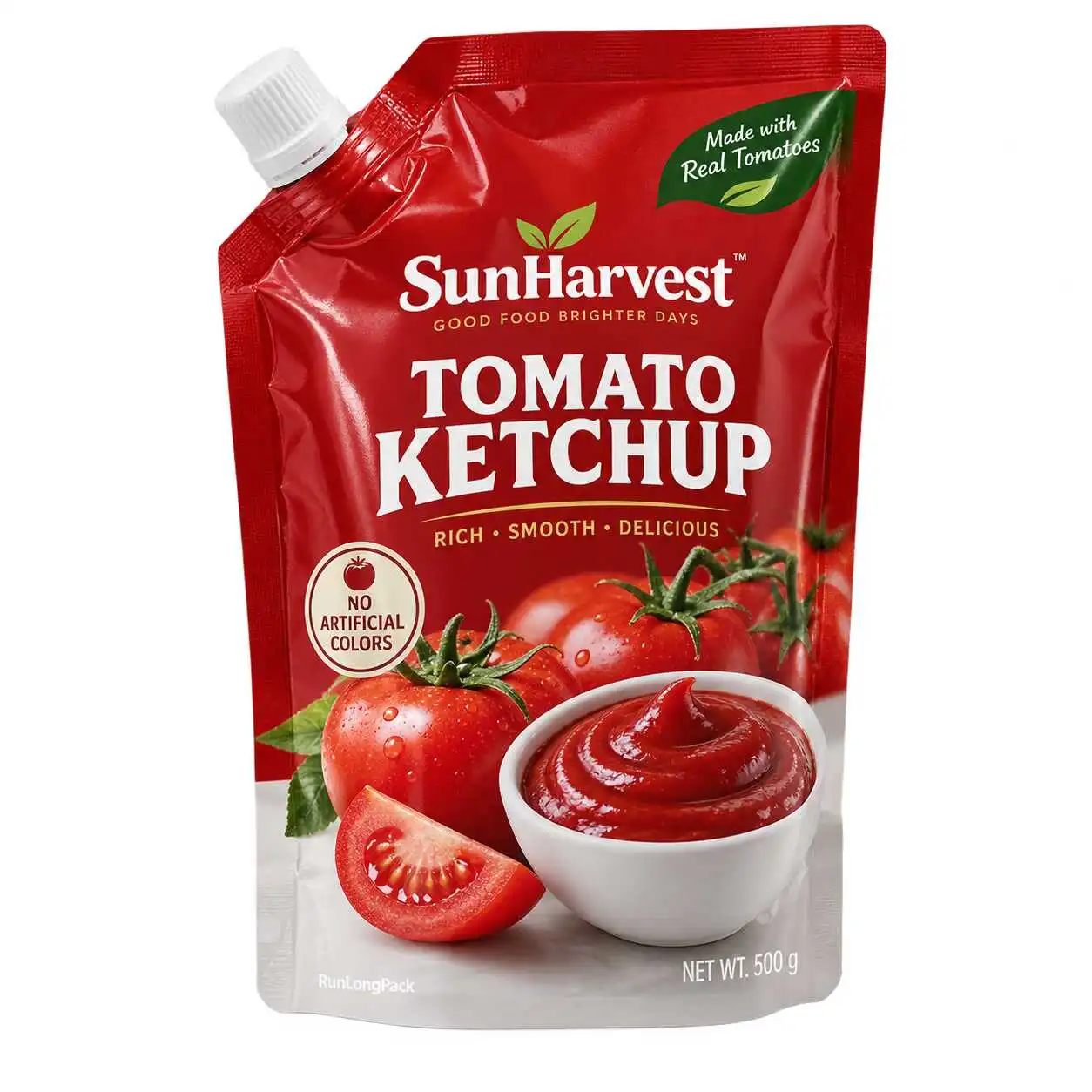 Red and white tomato sauce pouch concept with an angled spout and screw cap