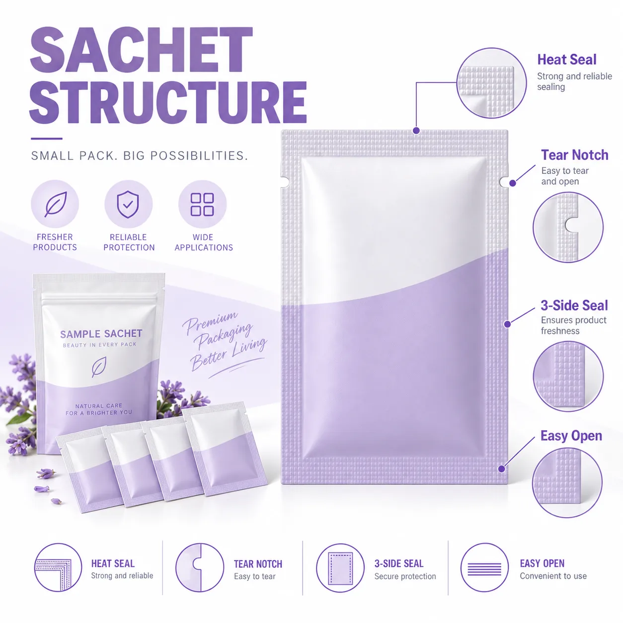 Custom sachet packaging structure showing heat seal, tear notch and 3-side seal