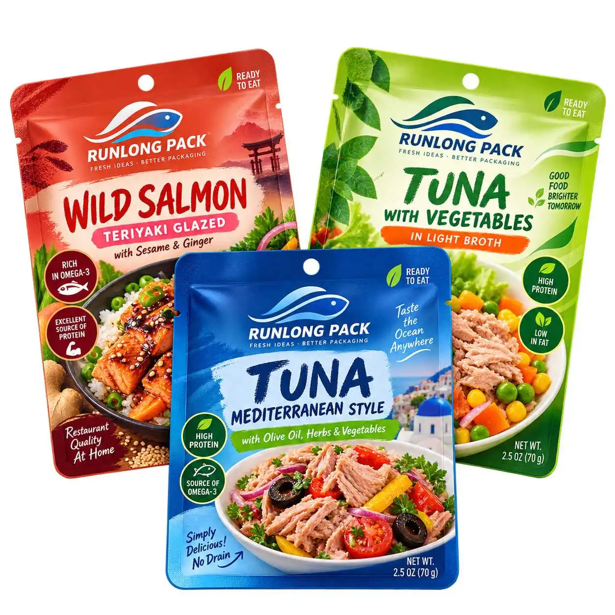 Custom printed retort pouches for tuna salmon and ready-to-eat seafood packaging