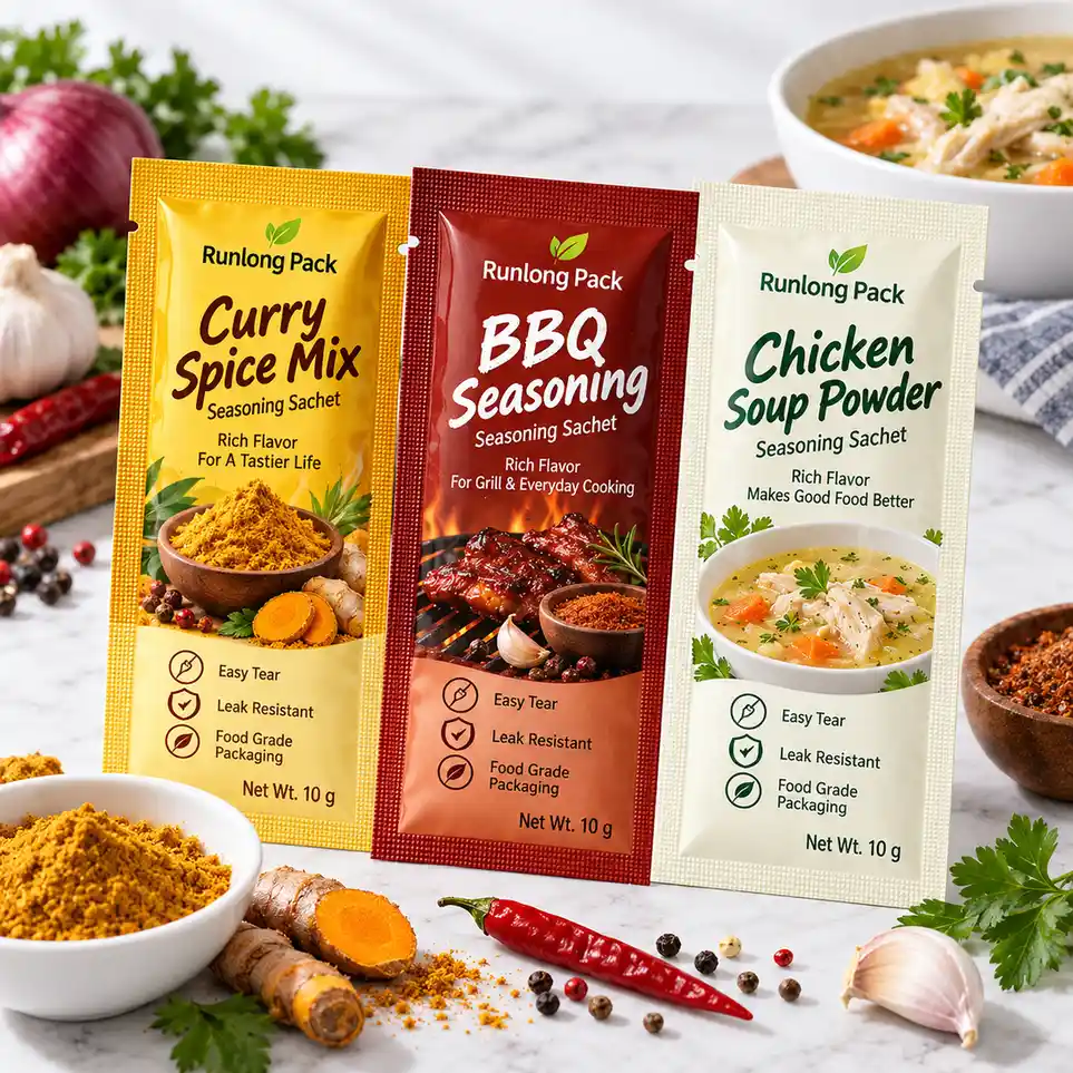 Seasoning sachets for curry, BBQ seasoning and soup powder