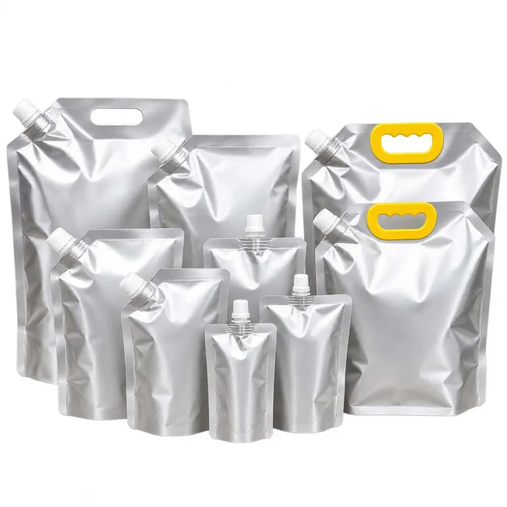 Silver aluminum foil spout pouches in multiple sizes with caps and carry handles