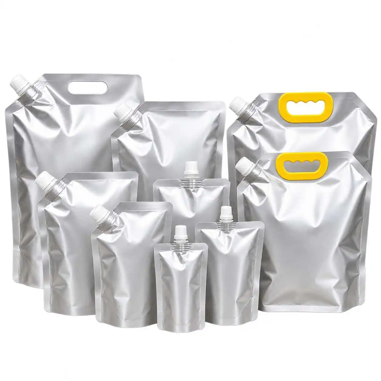 Silver aluminum foil spout pouches in multiple sizes with caps and carry handles