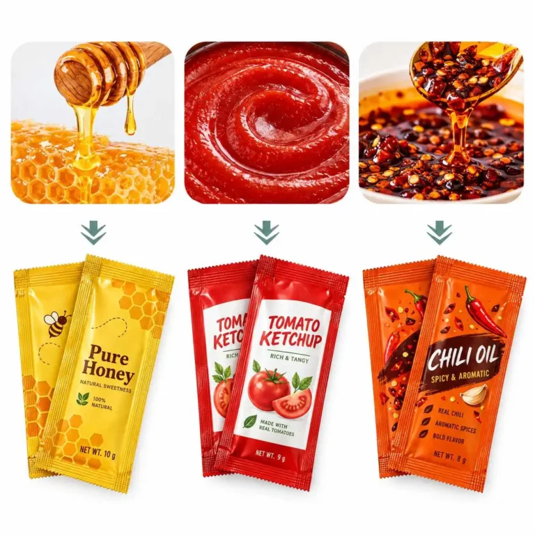 Printed single-serve sachet examples for honey, ketchup and chili oil