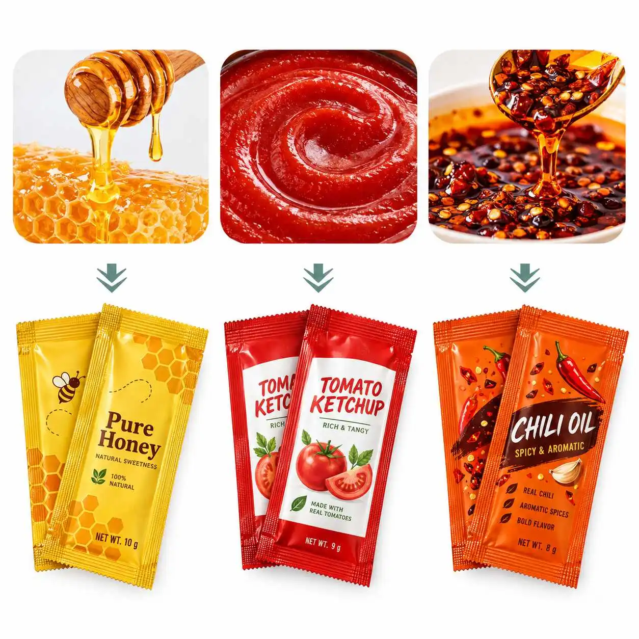 Single-serve sachet packaging examples for honey, ketchup and chili oil