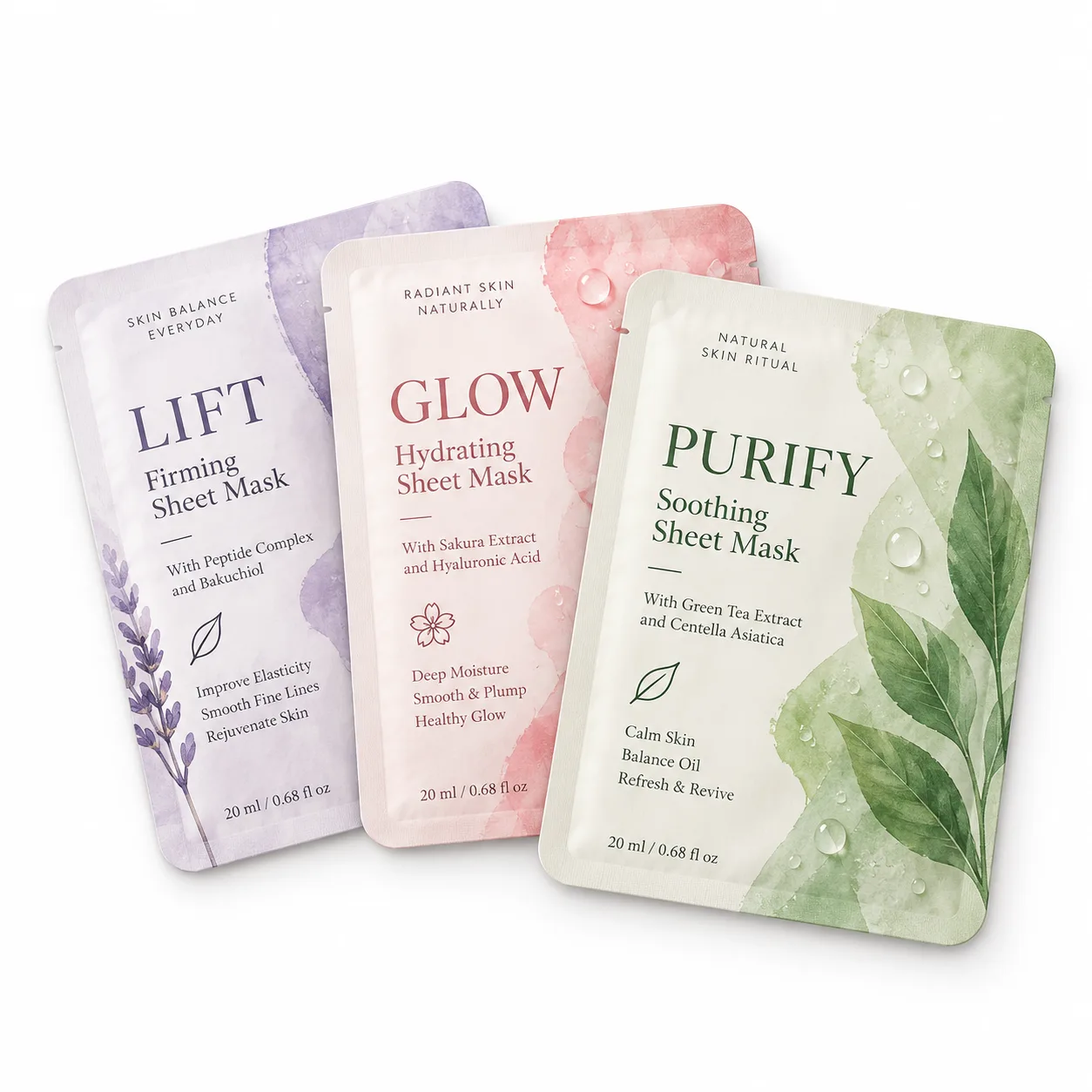 Printed skincare sheet mask sachets in botanical designs