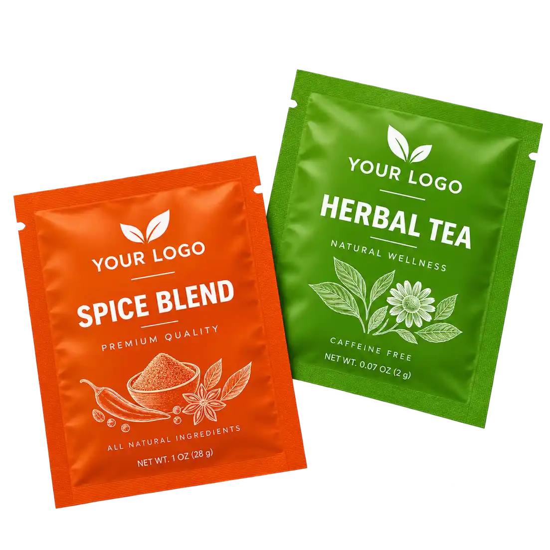 Orange spice sachet and green herbal tea sachet with printed designs