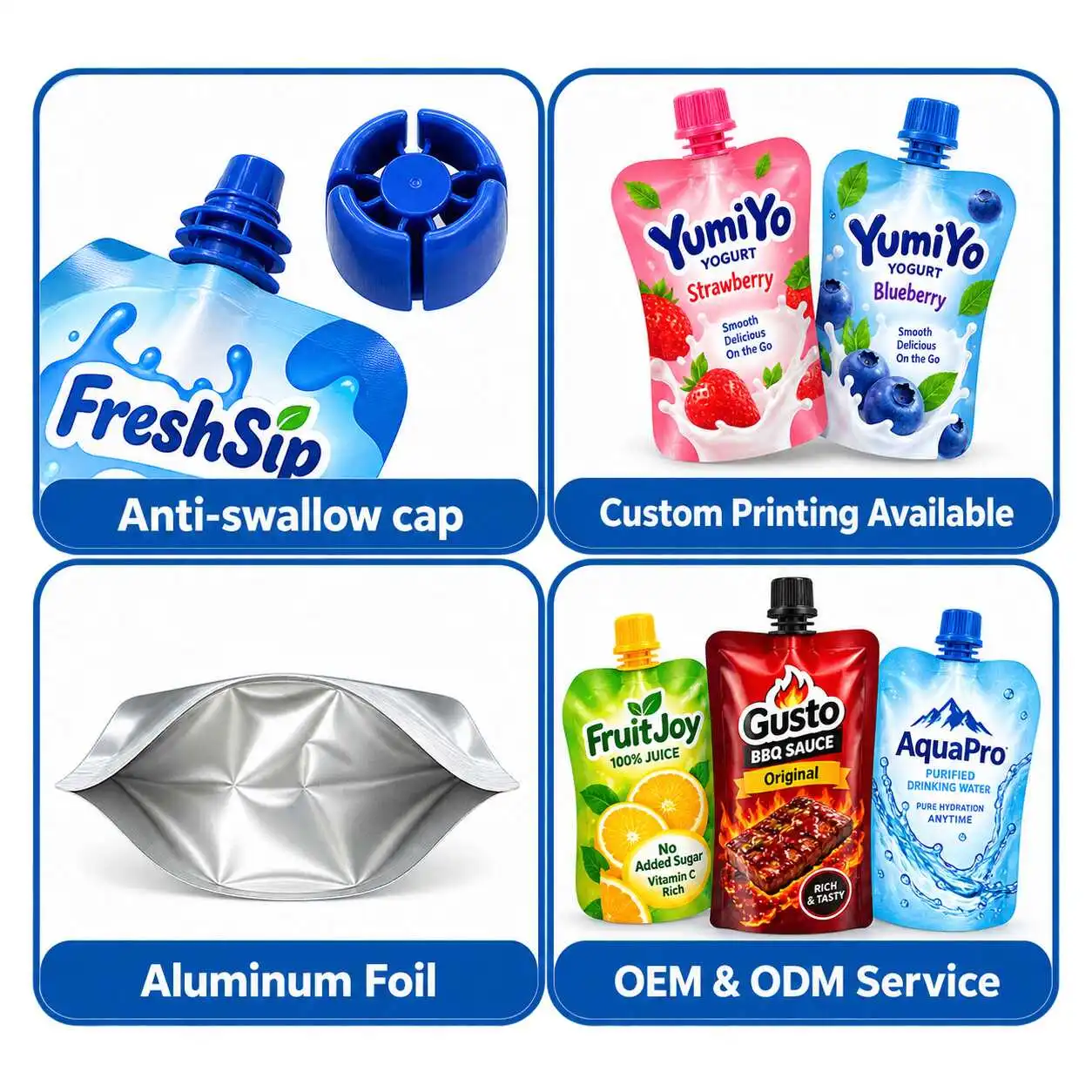 Custom spout pouch features including spout positions, caps, shapes, sizes and handle options