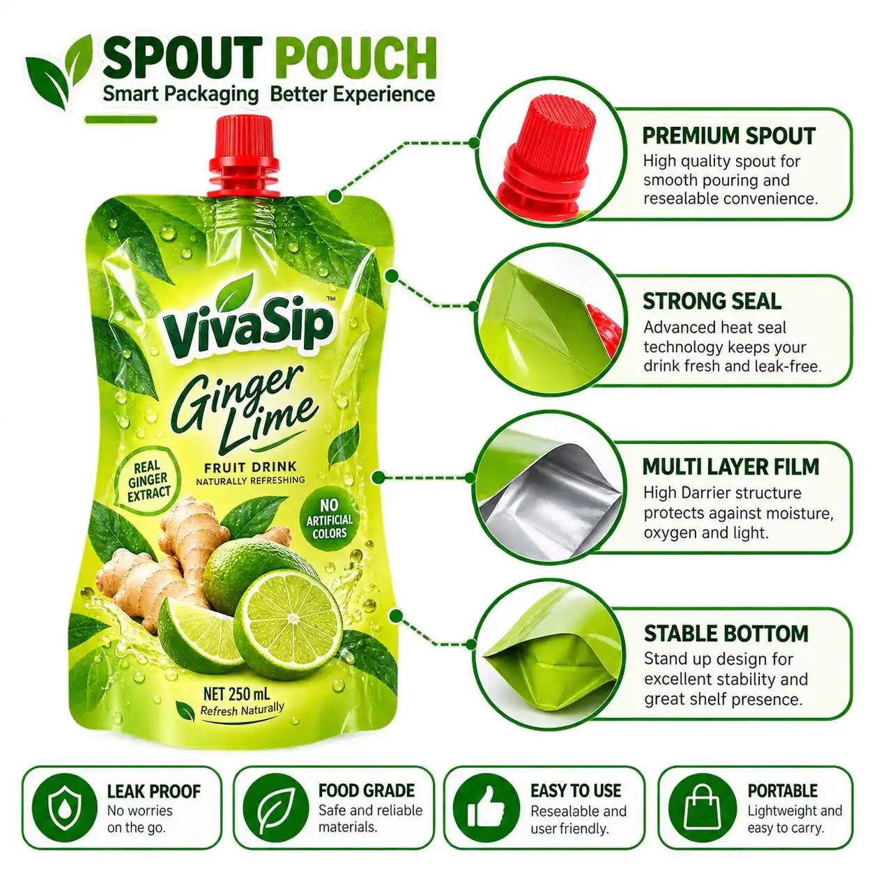 Spout pouch structure with center spout, corner spout, cap and handle options