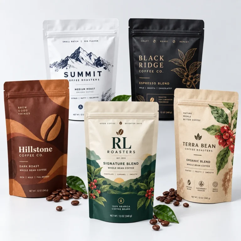 Custom printed stand up pouches with coffee packaging designs