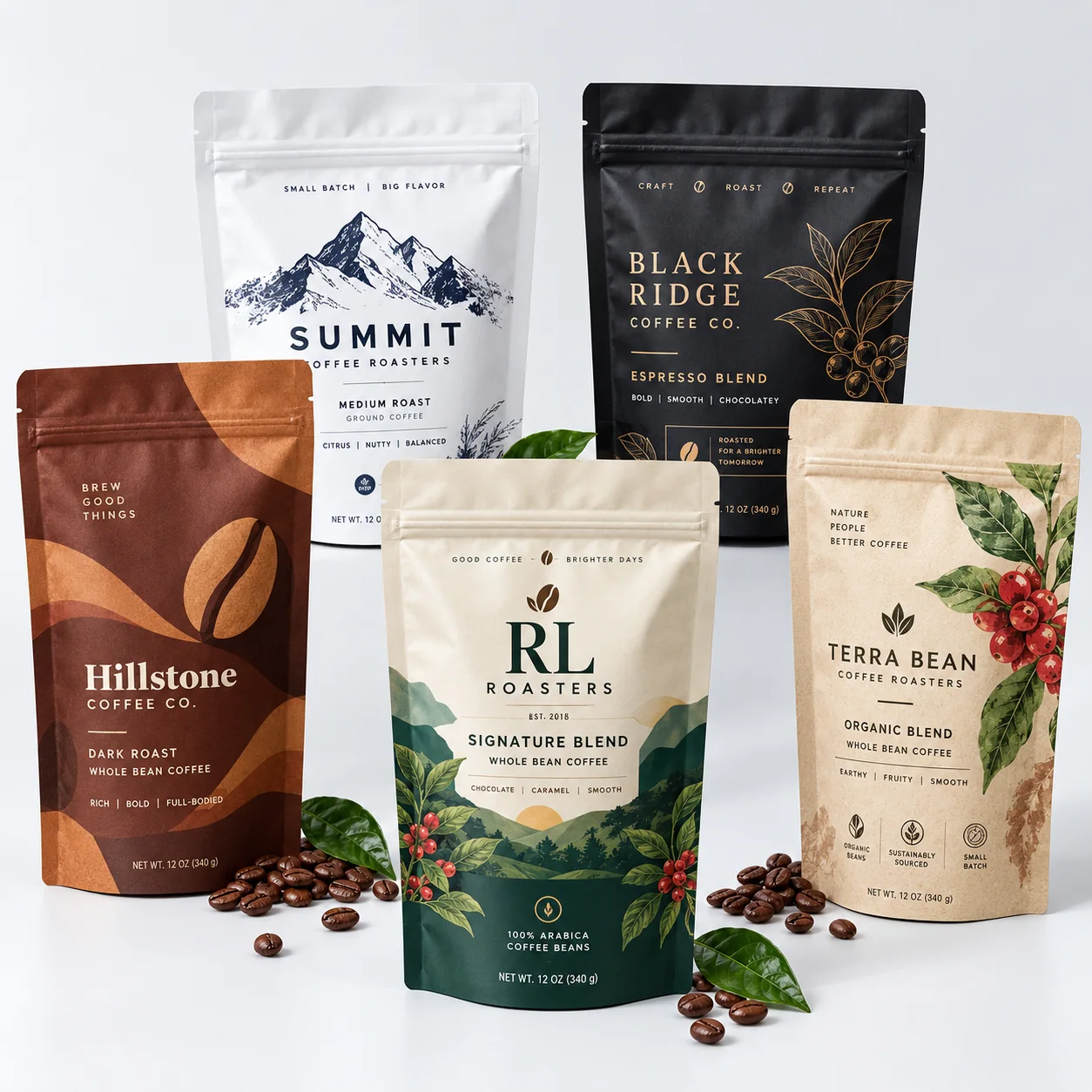 Custom stand up pouches for coffee packaging with resealable zipper and printed designs by Runlong Pack