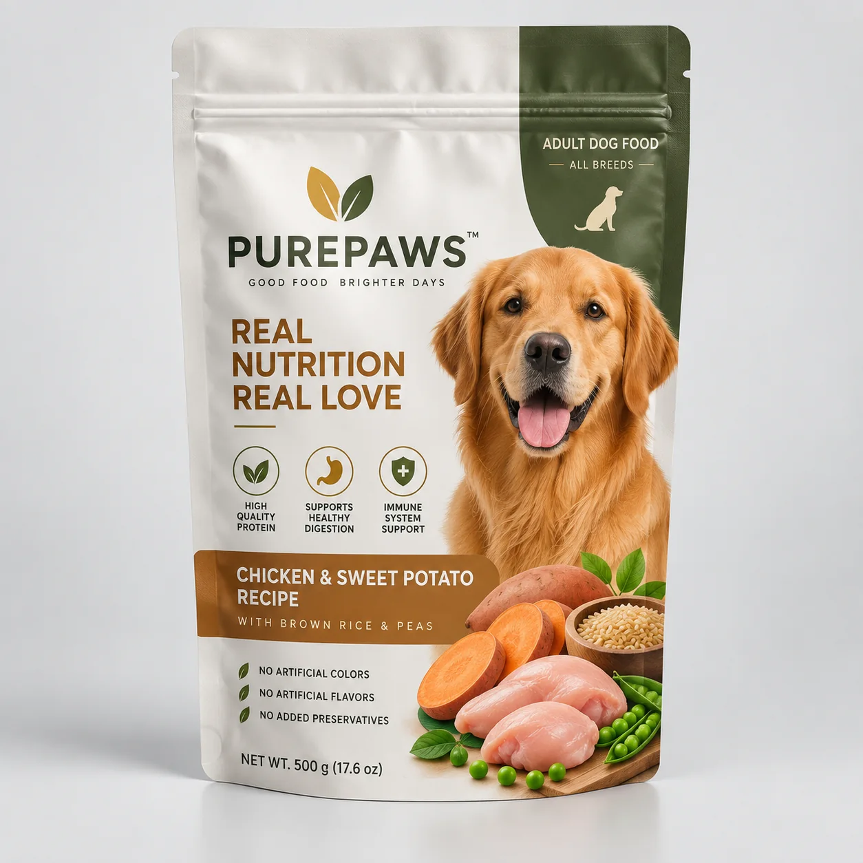 Custom stand up pouch for dog food packaging with resealable zipper and high barrier material