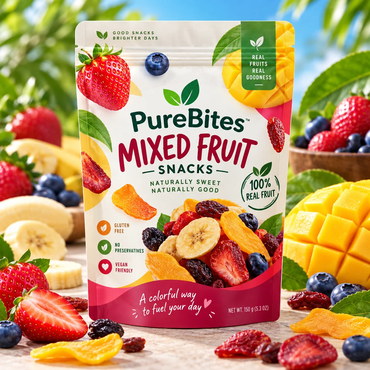 Custom printed stand up pouch for dried fruit snacks with resealable zipper and premium retail design