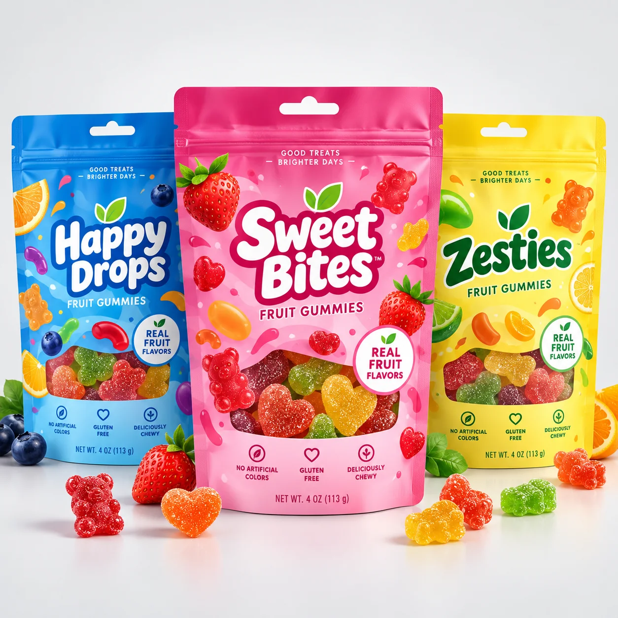 Colorful custom stand up pouches for gummy candy with zipper and hanging hole