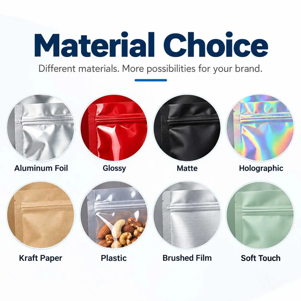 Stand up pouch material options including foil, matte, glossy, kraft and holographic finishes