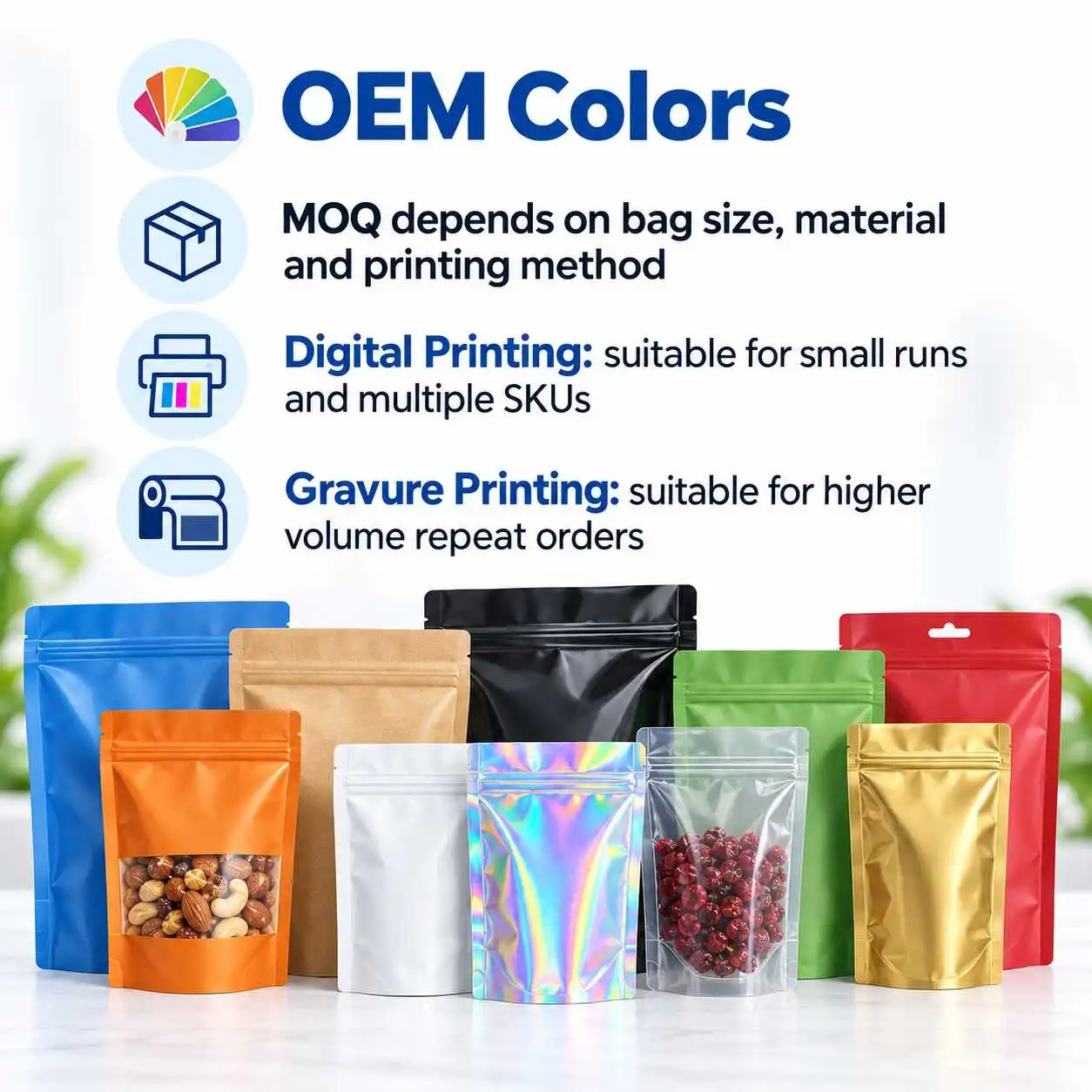 Custom stand up pouch OEM color and printing options for digital and gravure printing