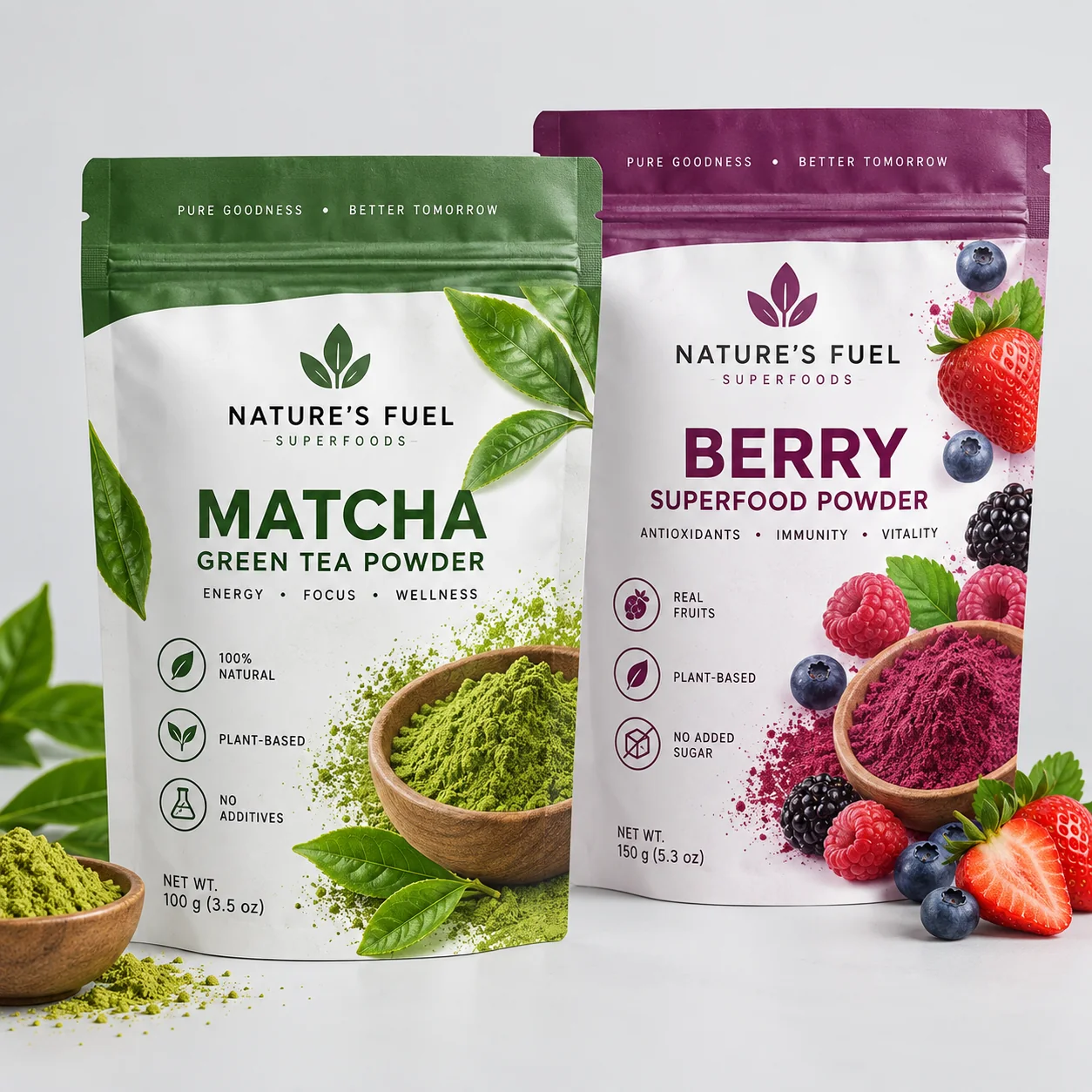 Custom stand up pouches for superfood and nutrition powder packaging with high barrier structure