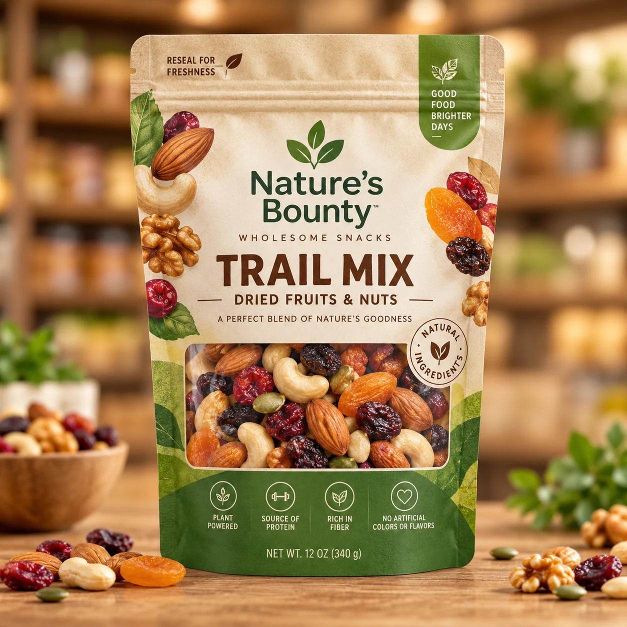 Custom stand up pouch for trail mix nuts and dried fruit with zipper and clear window