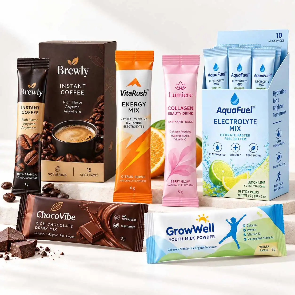 Stick pack packaging for coffee and drink powders with matching printed boxes