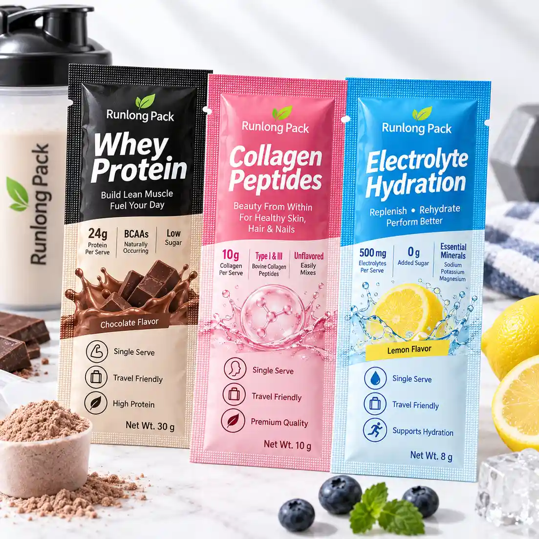Supplement sachets for whey protein, collagen and electrolyte powder