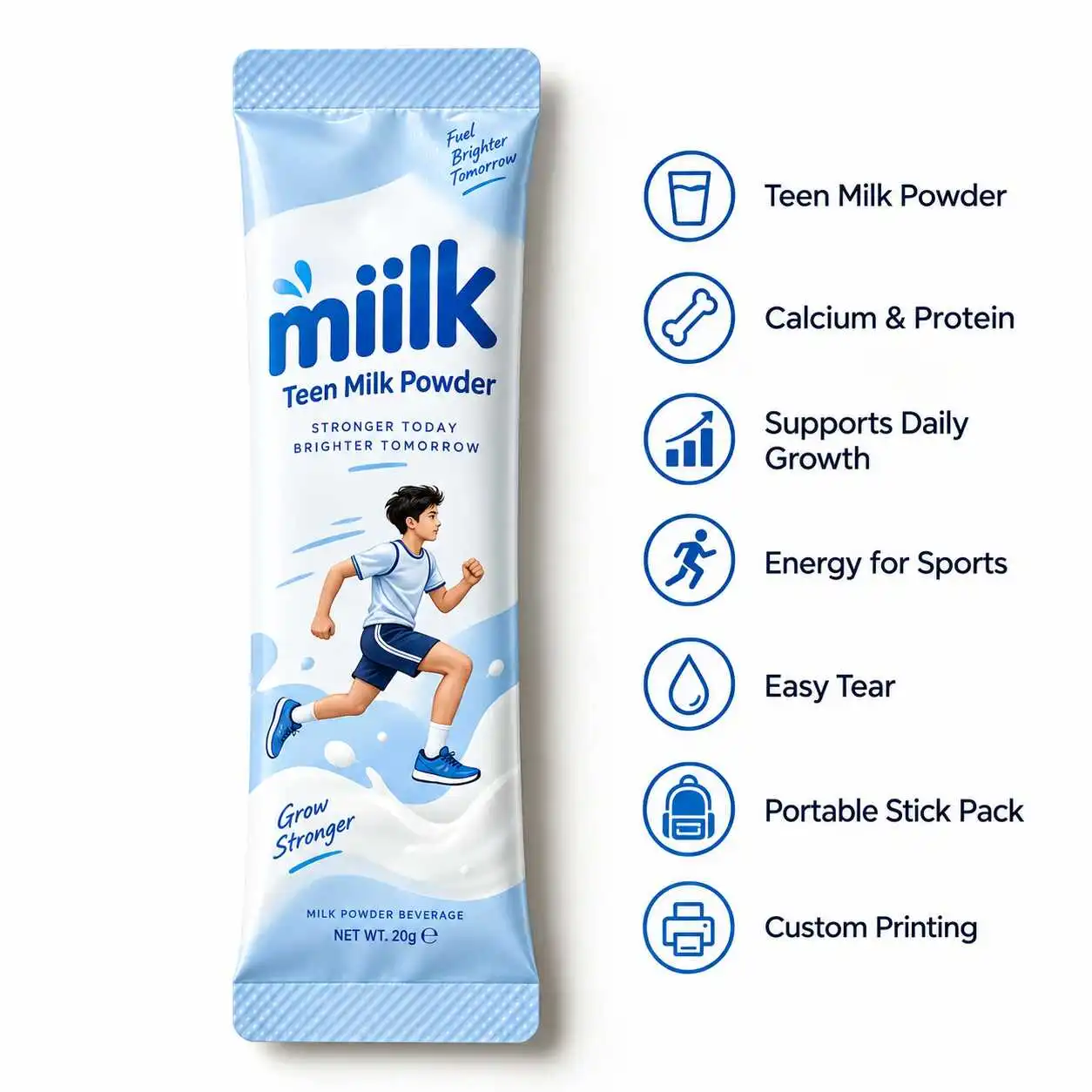 Teen milk powder stick pack with custom packaging features