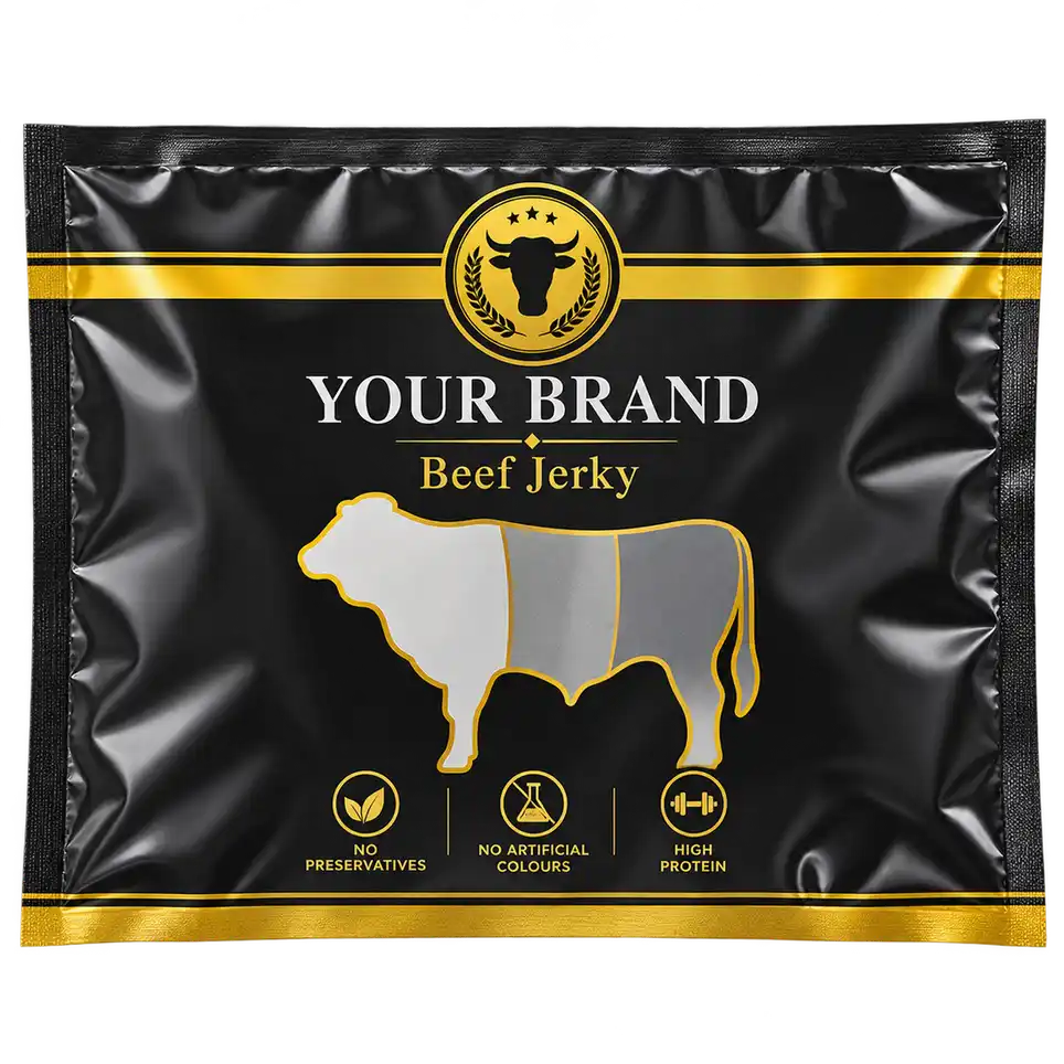 Black and gold printed three side seal pouch designed for beef jerky packaging