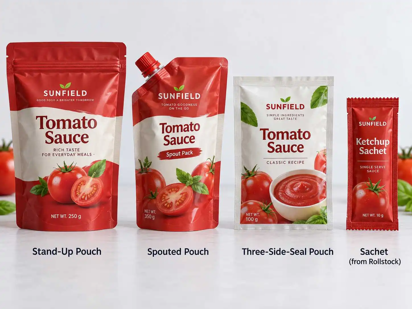 Illustrative comparison of tomato sauce packaging formats: stand-up pouch, spouted pouch, three-side-seal pouch and rollstock sachet