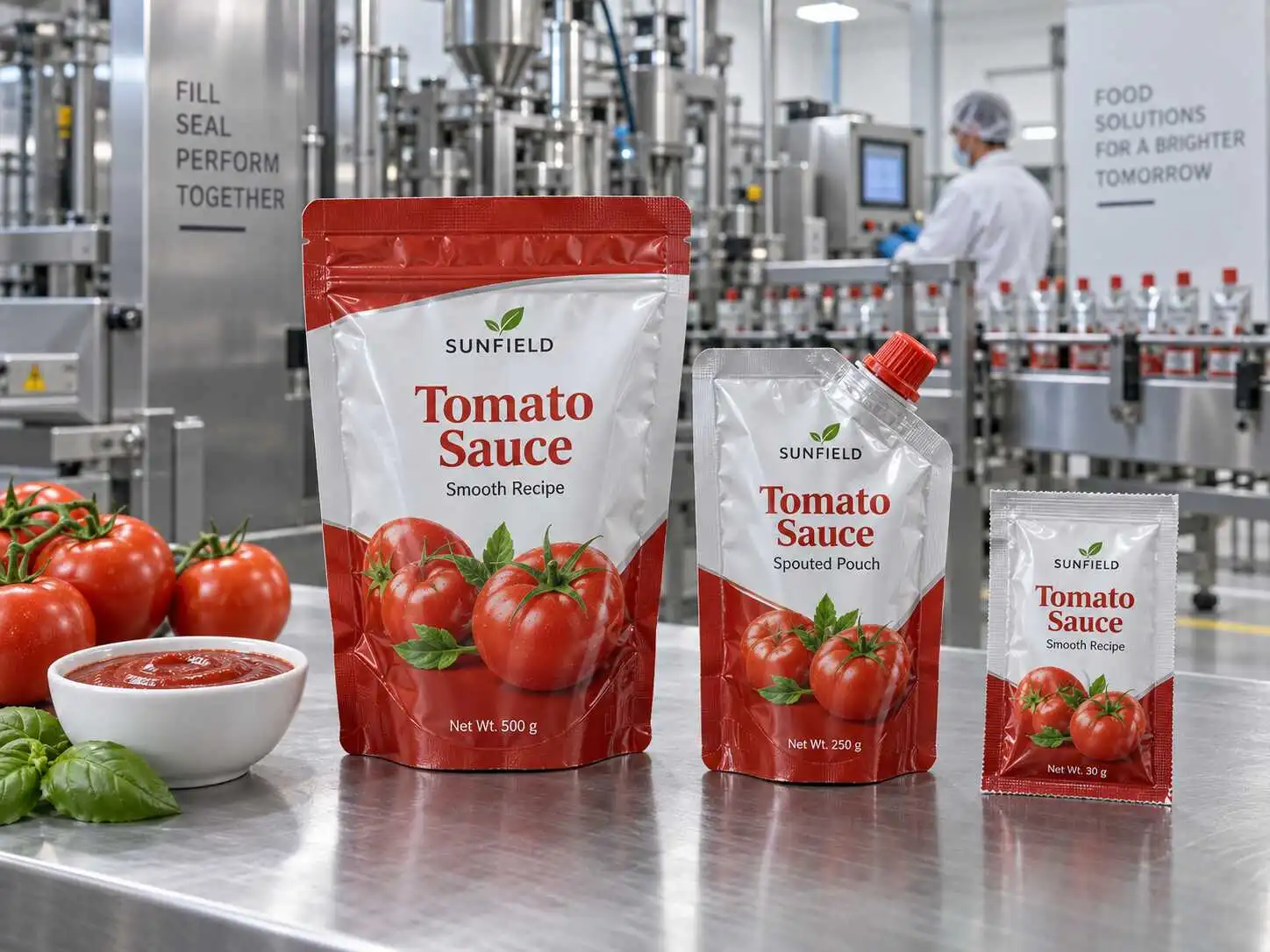 Illustrative tomato sauce pouches beside a filling line, showing the packaging and equipment interface