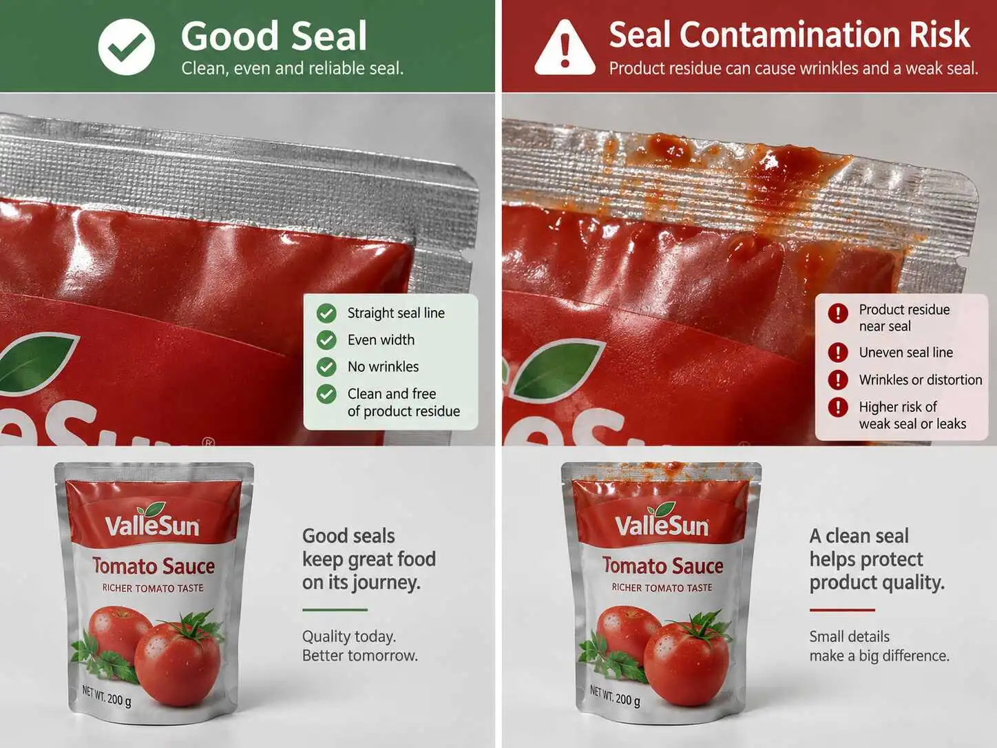 Illustrative comparison of a clean tomato-sauce pouch seal and product residue or wrinkles near a seal