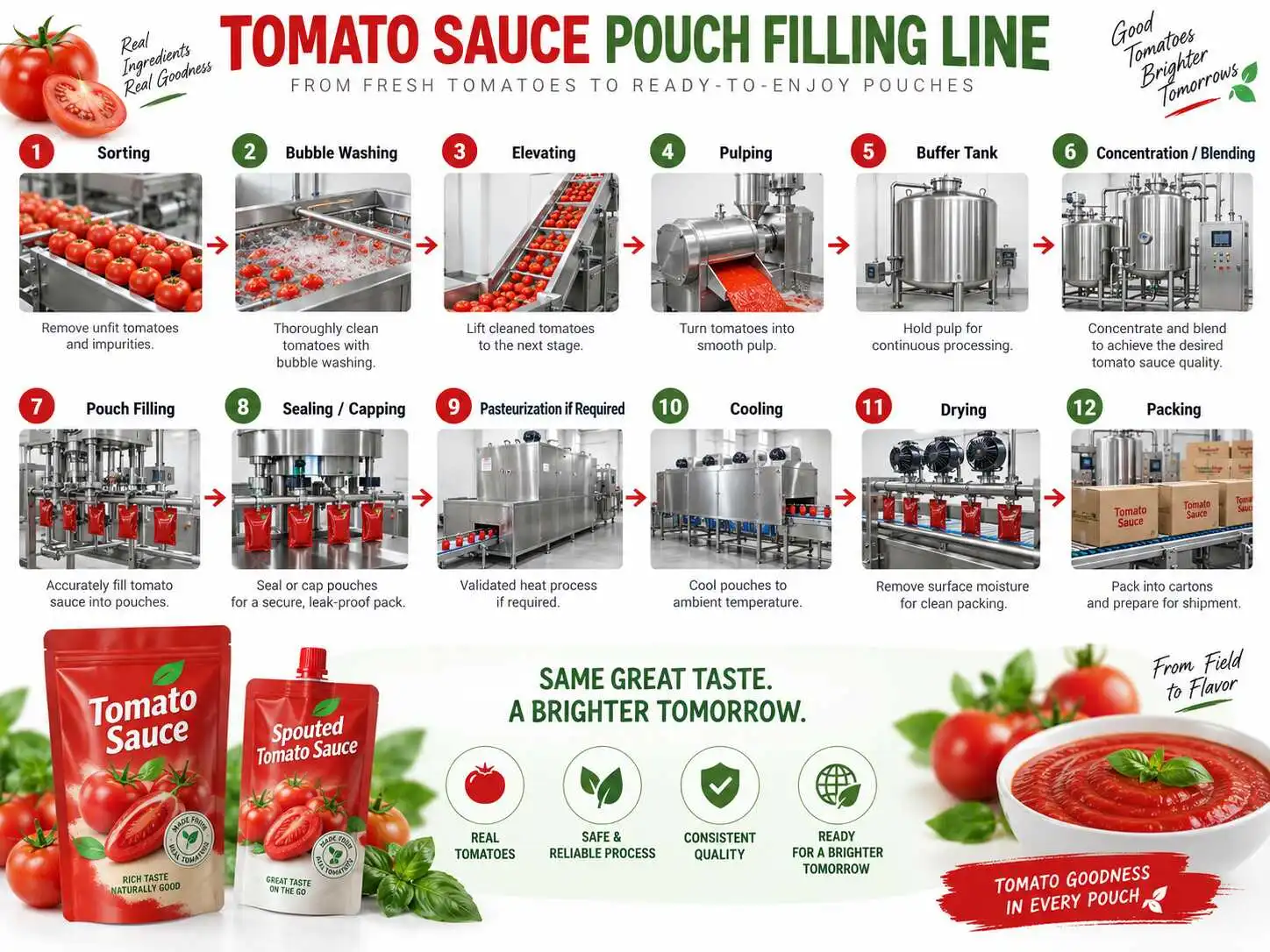 Illustrative tomato sauce process flow from sorting and washing through pulping, filling, sealing, optional pasteurization, cooling and packing