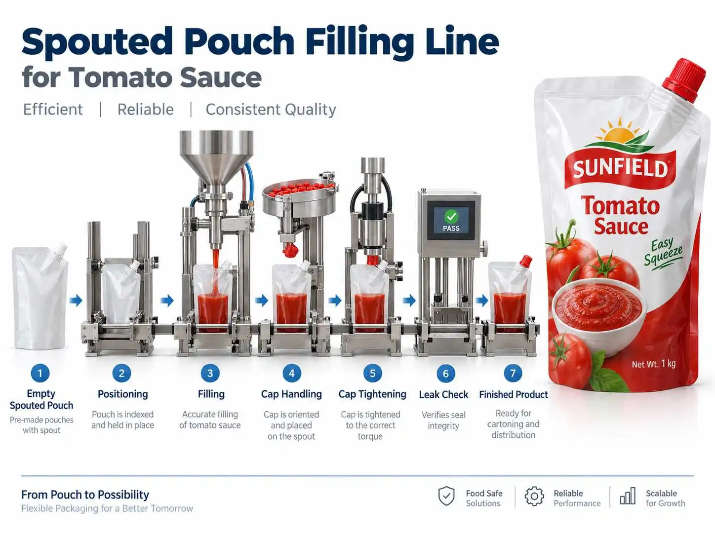 Illustrative spout-pouch line sequence showing pouch positioning, tomato sauce filling, cap placement, tightening and leak checking
