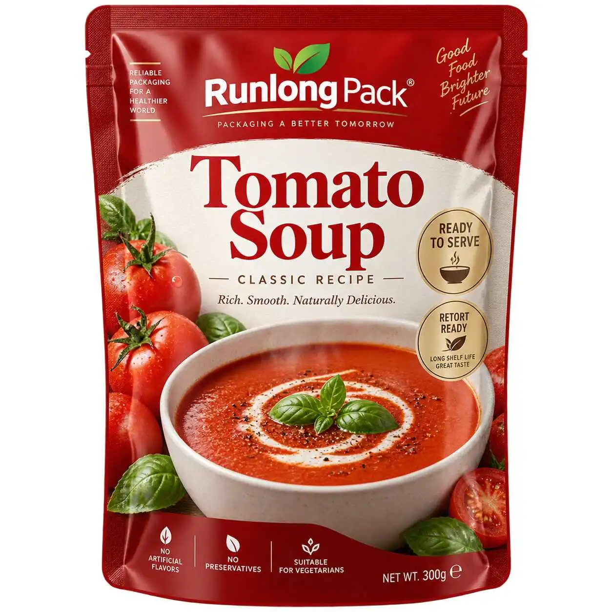 Custom printed retort pouch for ready-to-serve tomato soup packaging