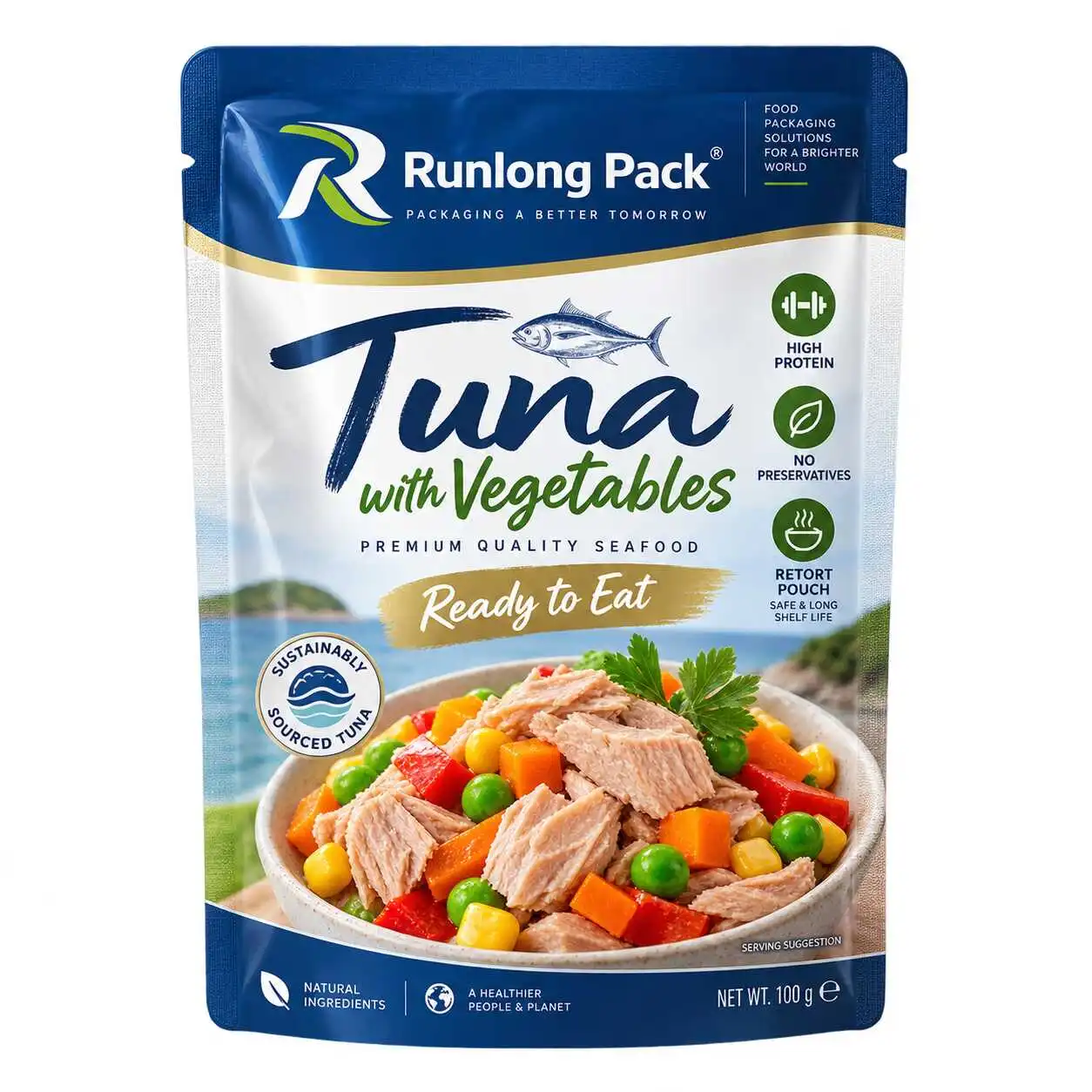 Custom printed retort pouch for ready-to-eat tuna with vegetables packaging