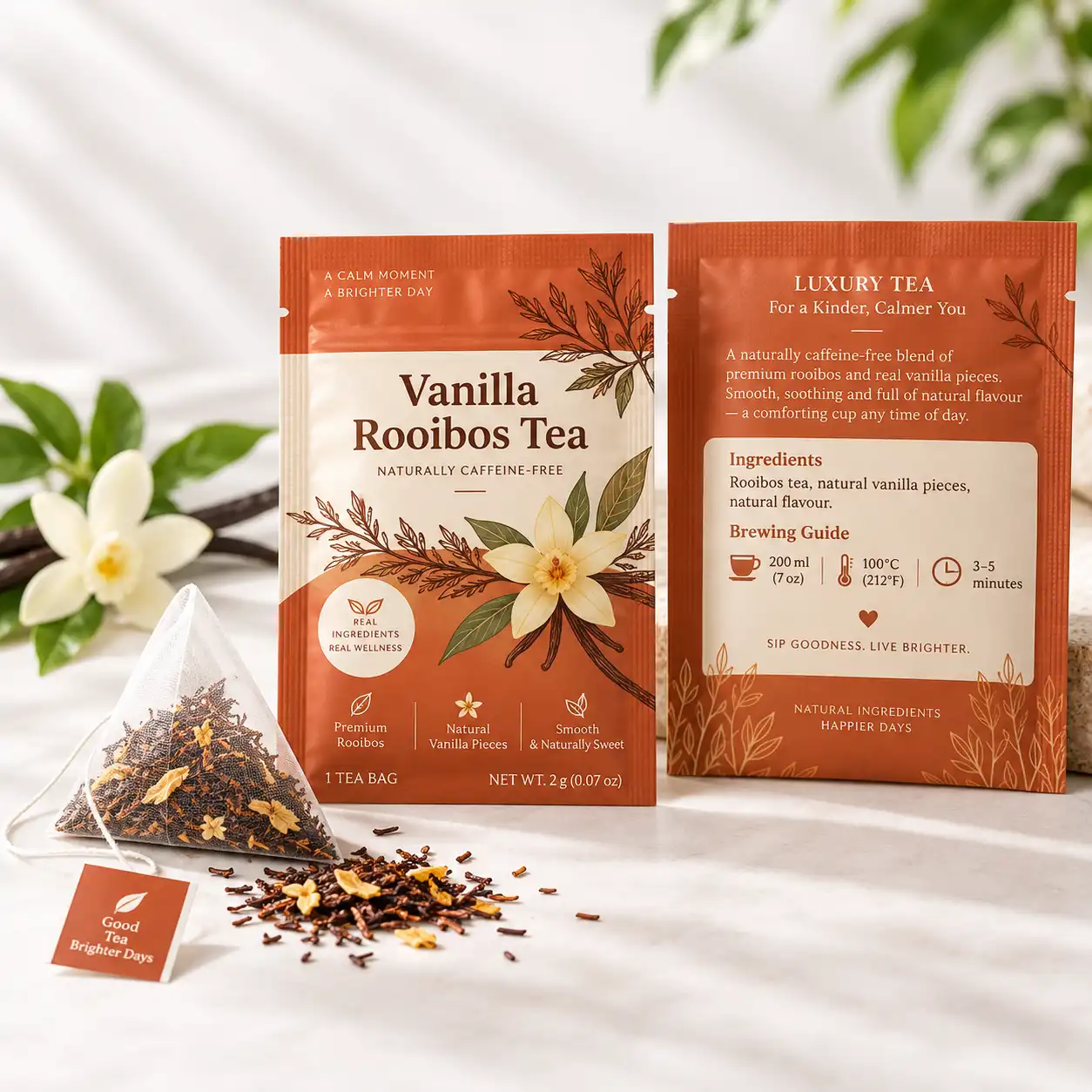 Vanilla rooibos tea sachet packaging with pyramid tea bag