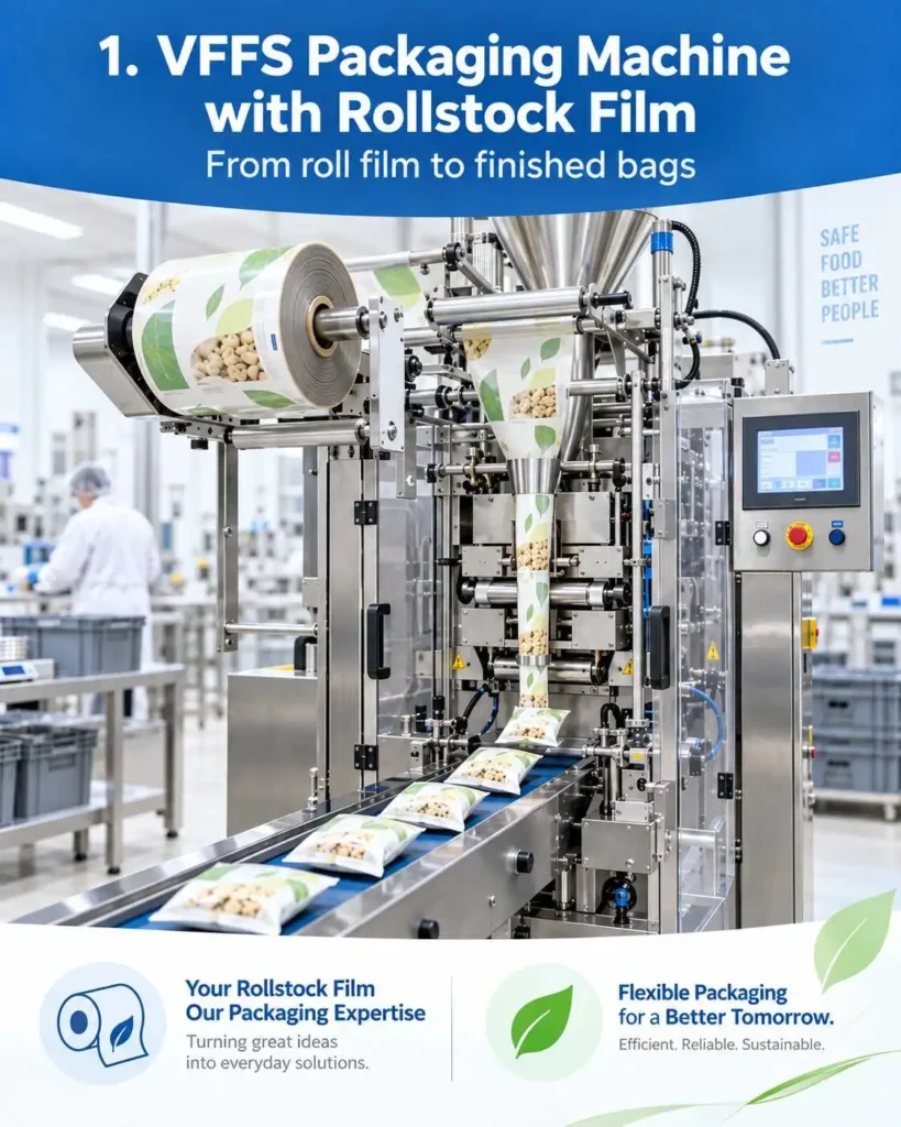 VFFS packaging machine running printed rollstock film into finished snack bags